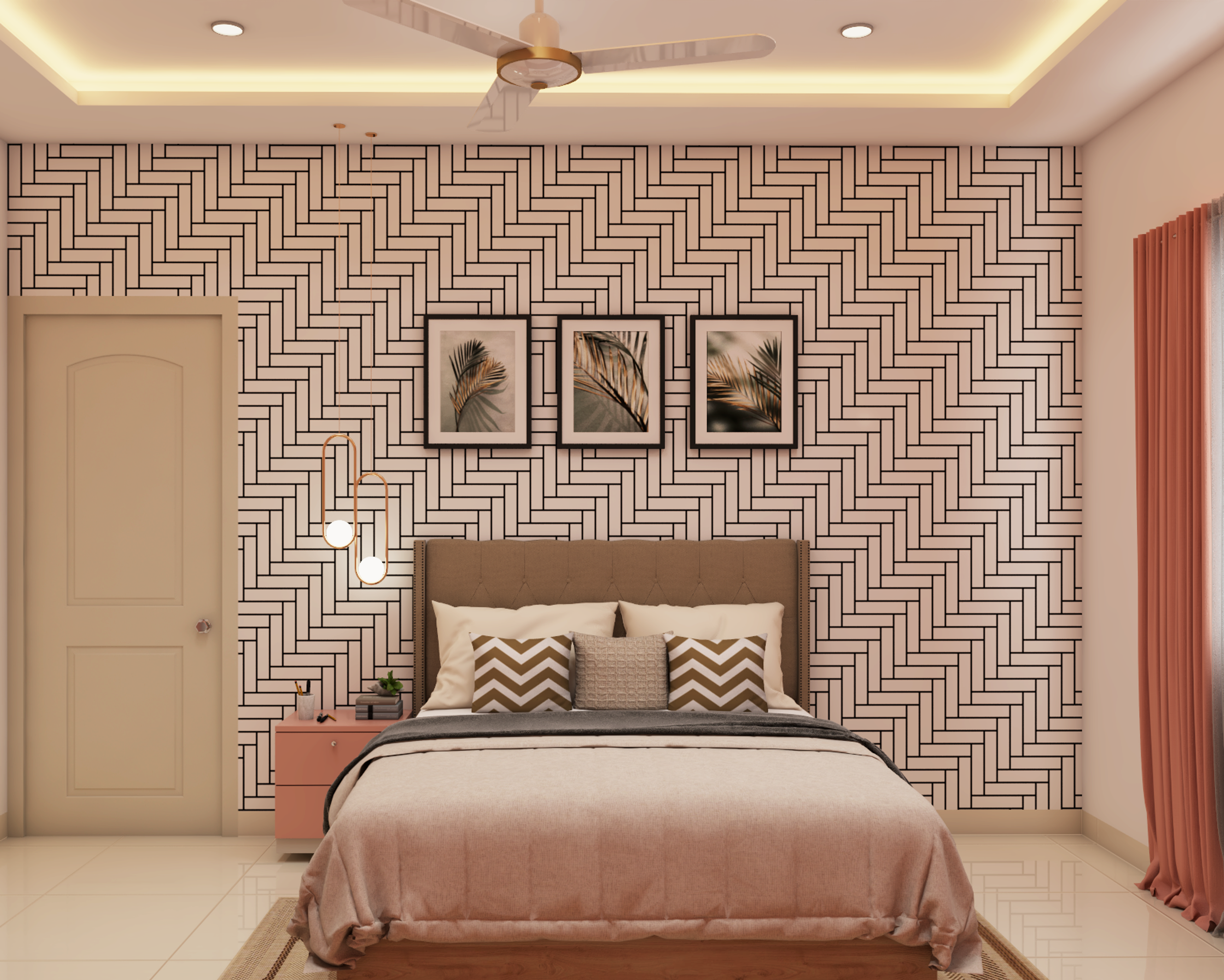 Monochromatic Peach Modern Guest Bedroom Design With Wardrobe