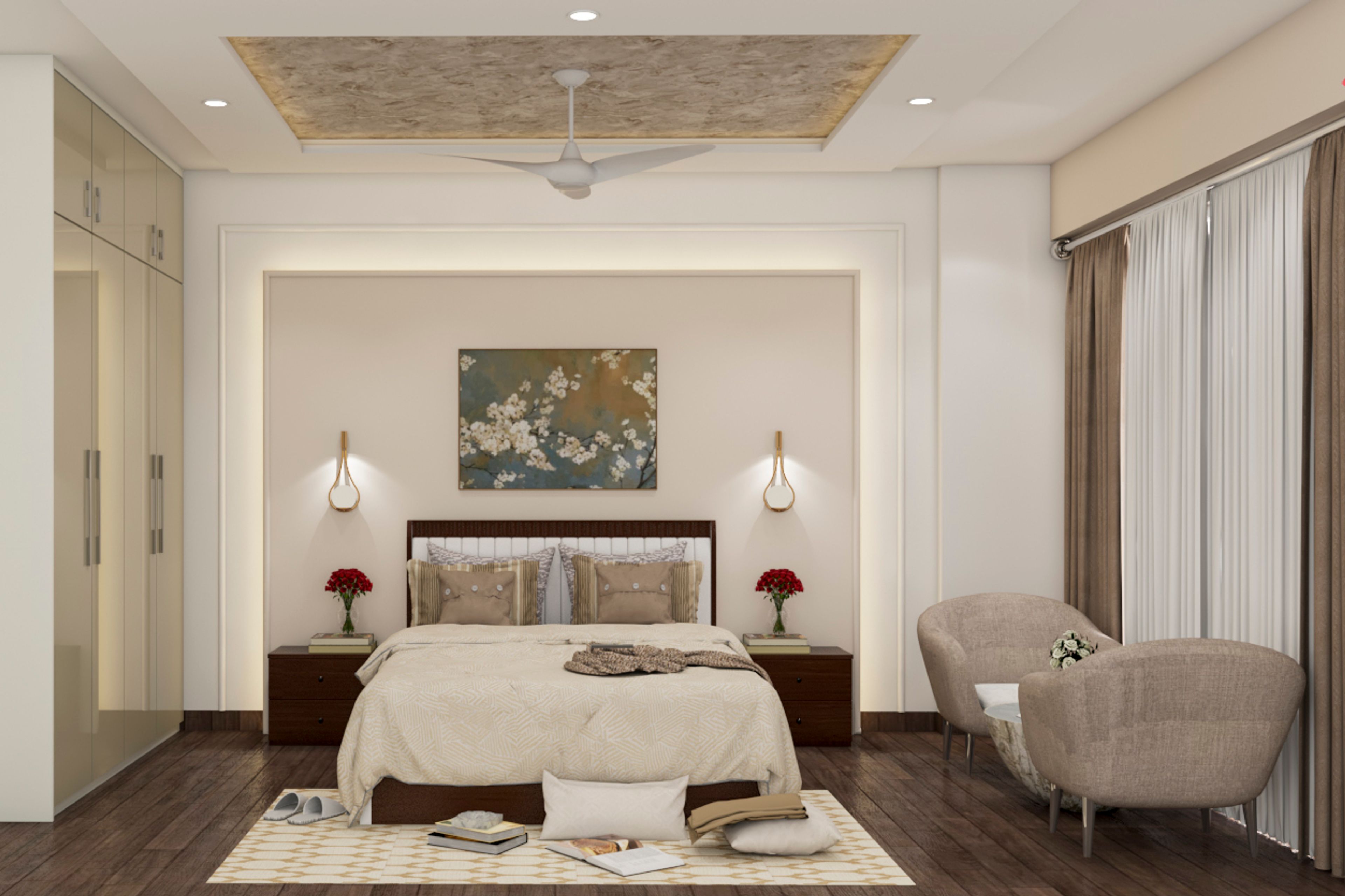 Spacious Guest Bedroom Design With Beige Chairs