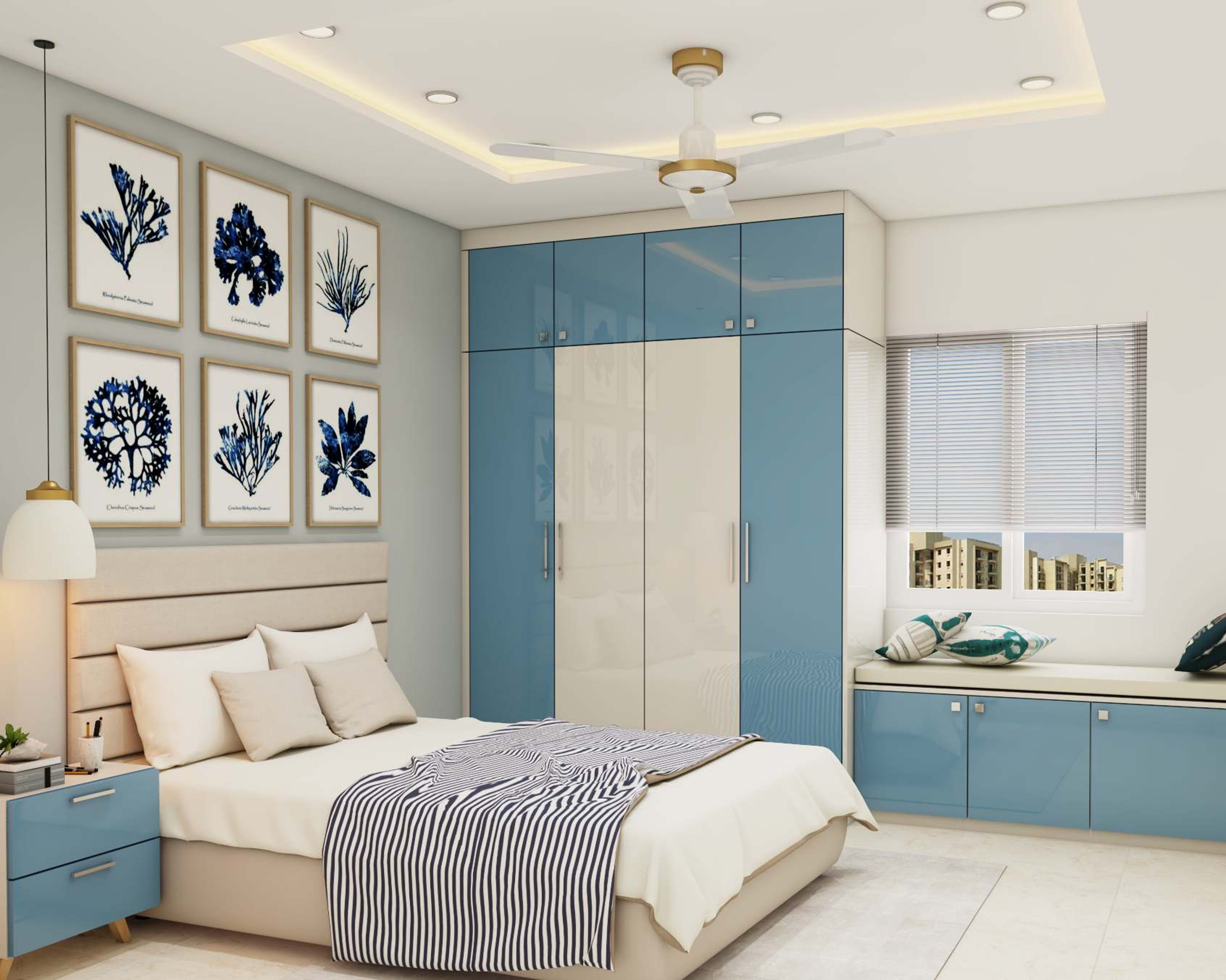 Glossy Blue and White Guest Bedroom Design