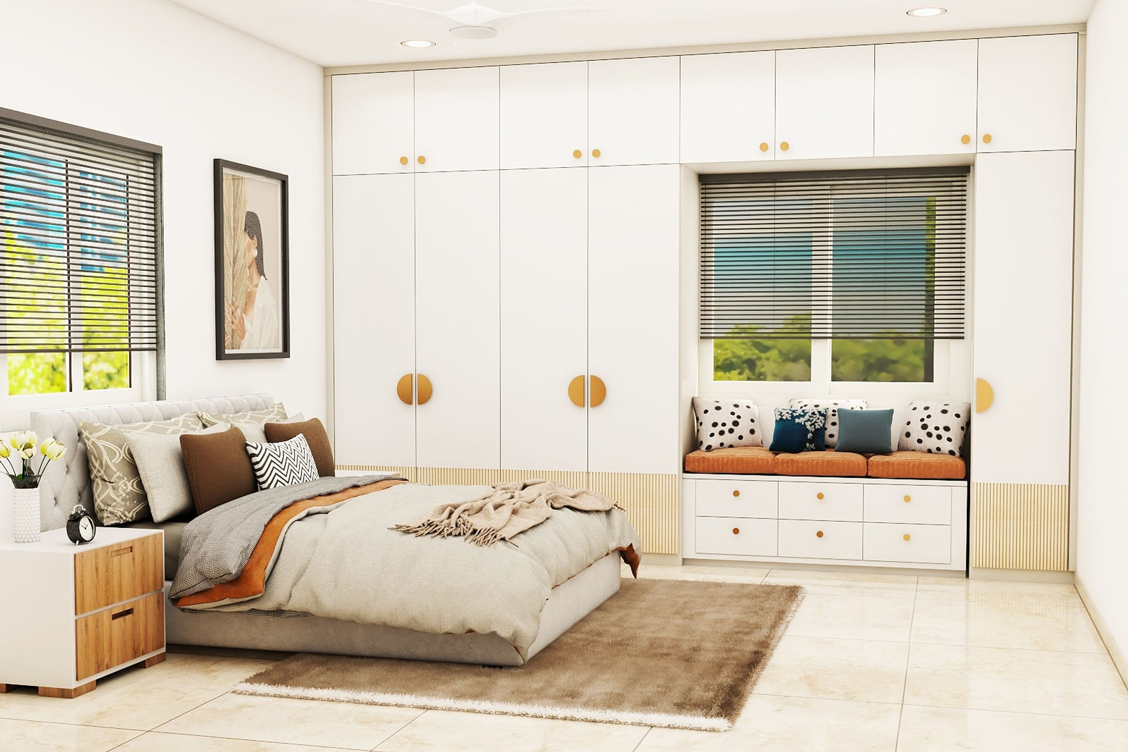 Contemporary Guest Bedroom Design With White Wardrobe And Bay Window Seating