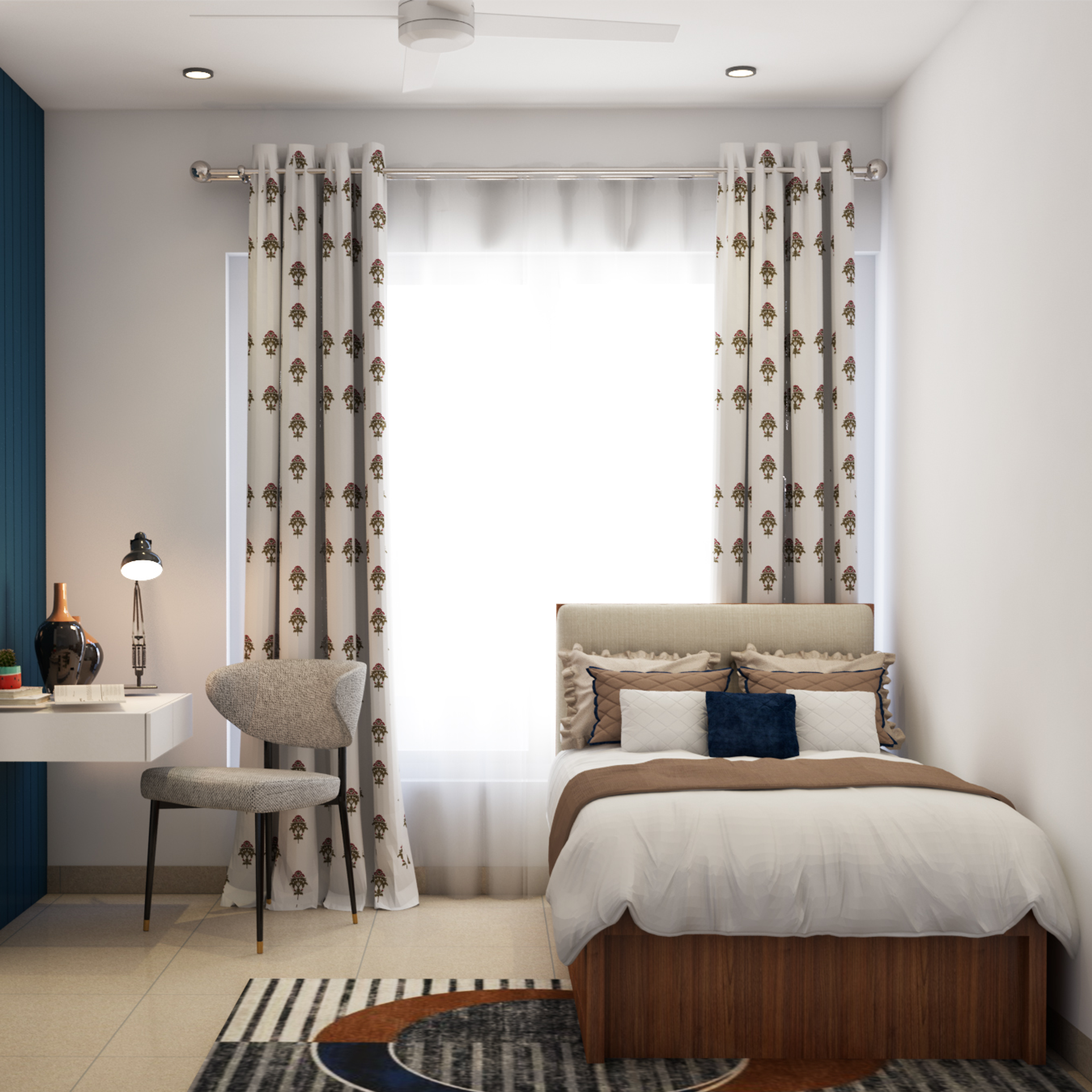 Modern Guest Bedroom Design With Navy Blue Panelling