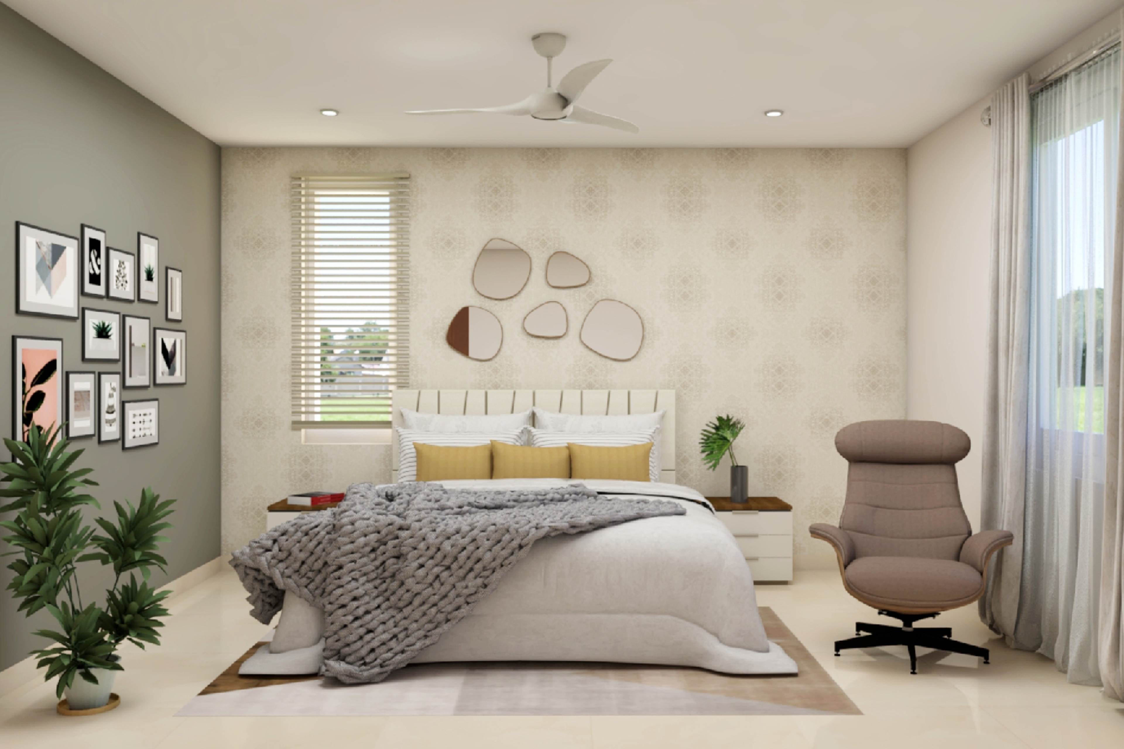 Contemporary Guest Bedroom With Beige Wallpaper Design