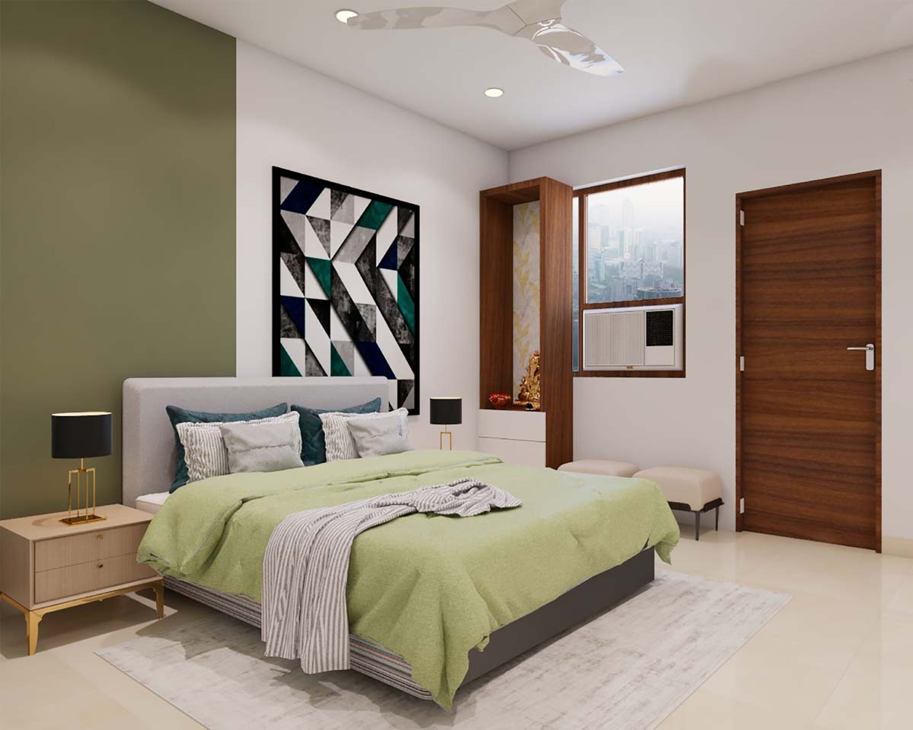 Modern Themed Guest Bedrom Design With Frosty White Pooja Unit