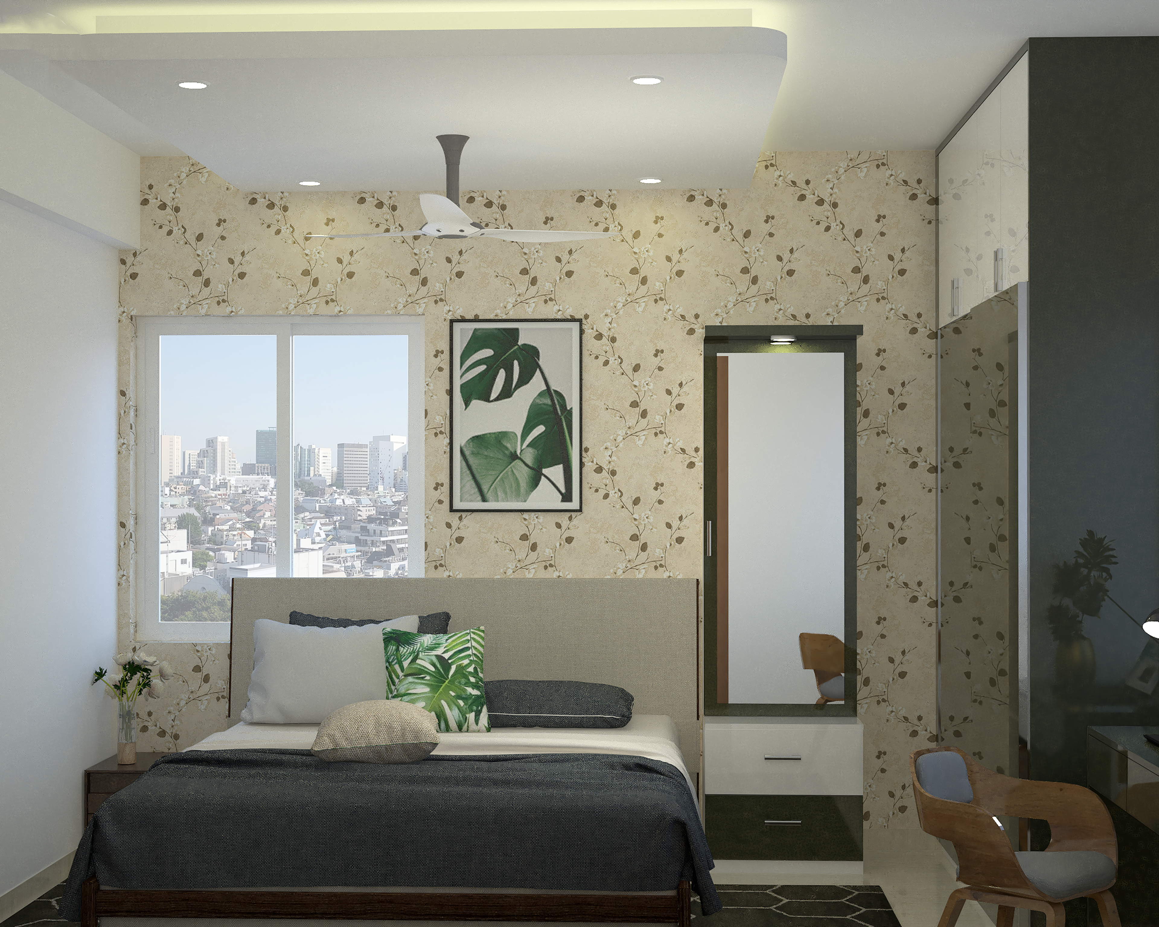 Modern Guest Bedroom Design With Beige And Grey Interiors