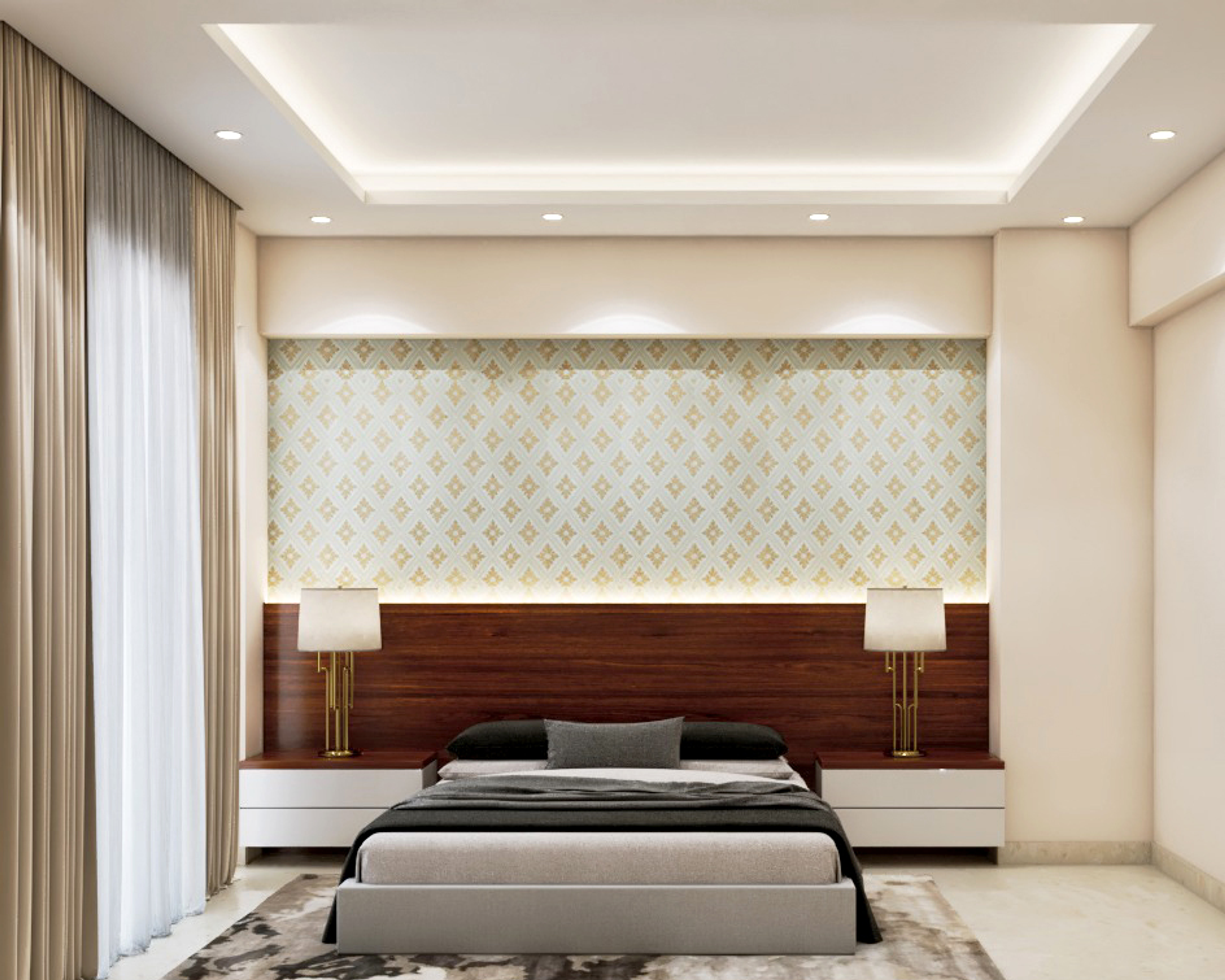 Spacious Master Bedroom Design With Accent Wall And Cove Lights