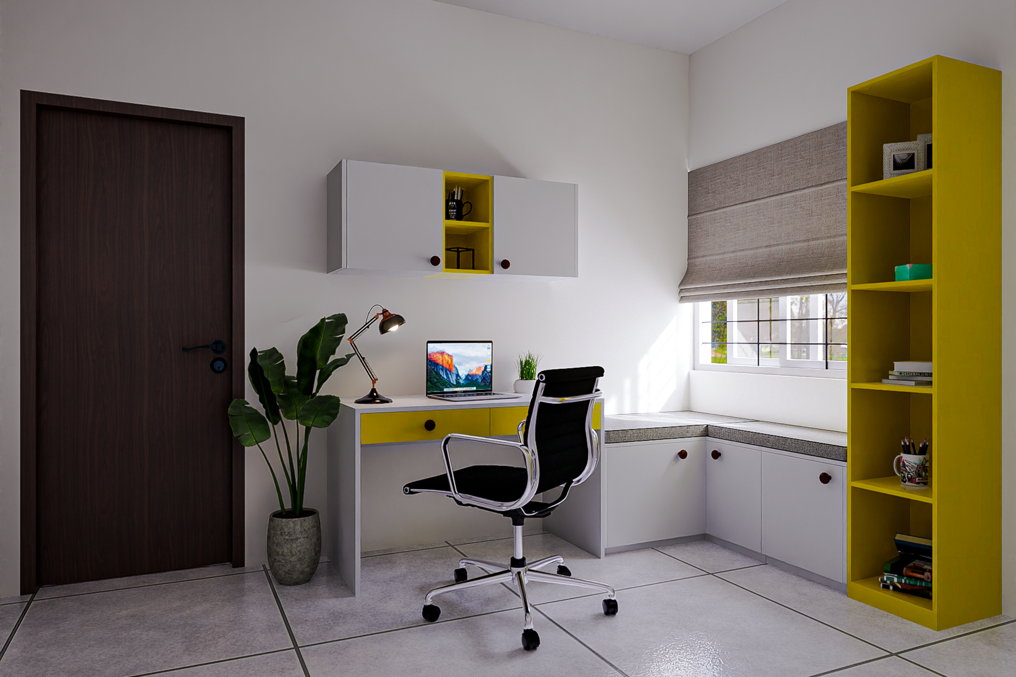 Contemporary White And Yellow Home Office Design