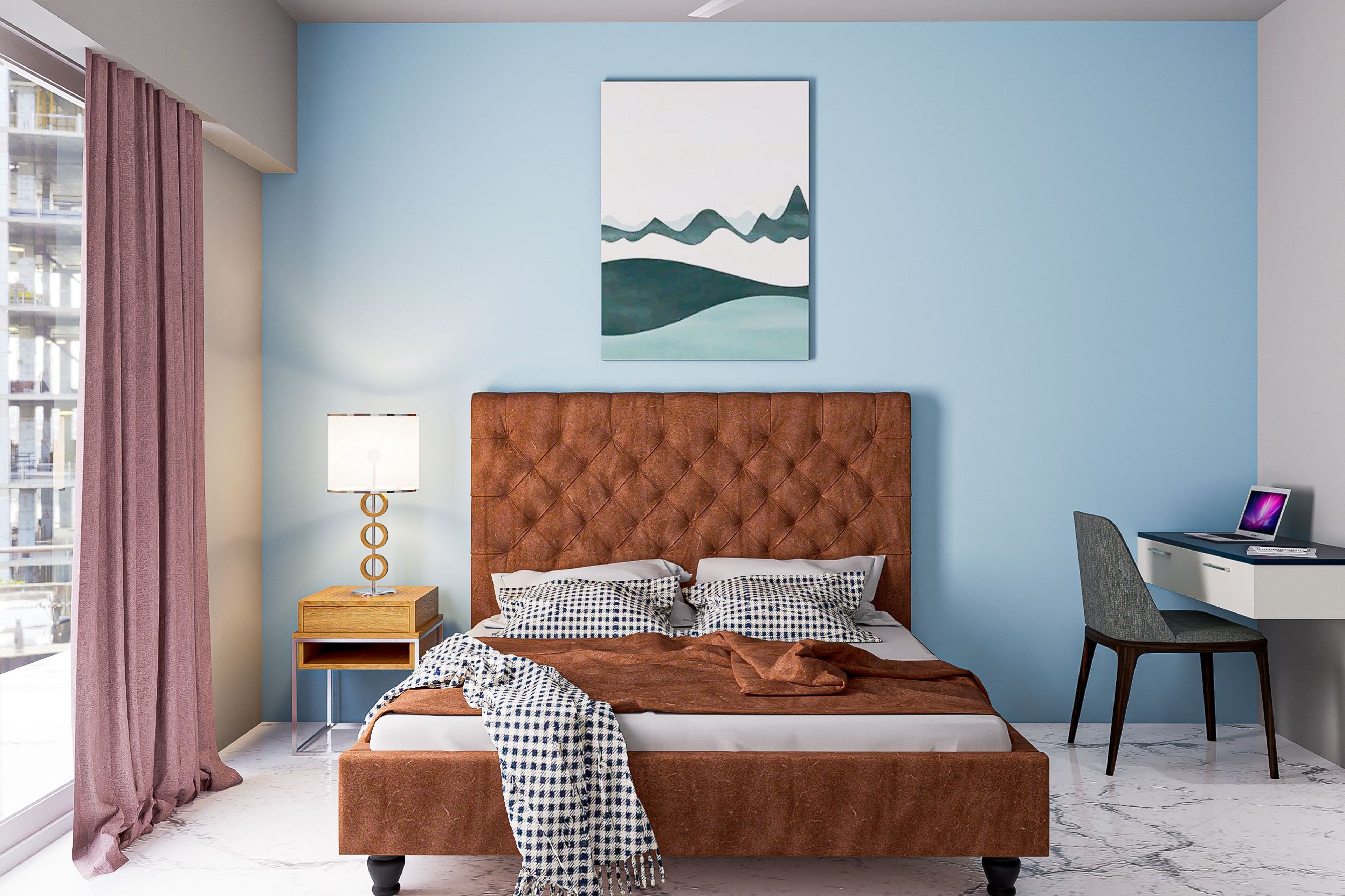 Modern Spacious Guest Bedroom Design In Brown And Blue