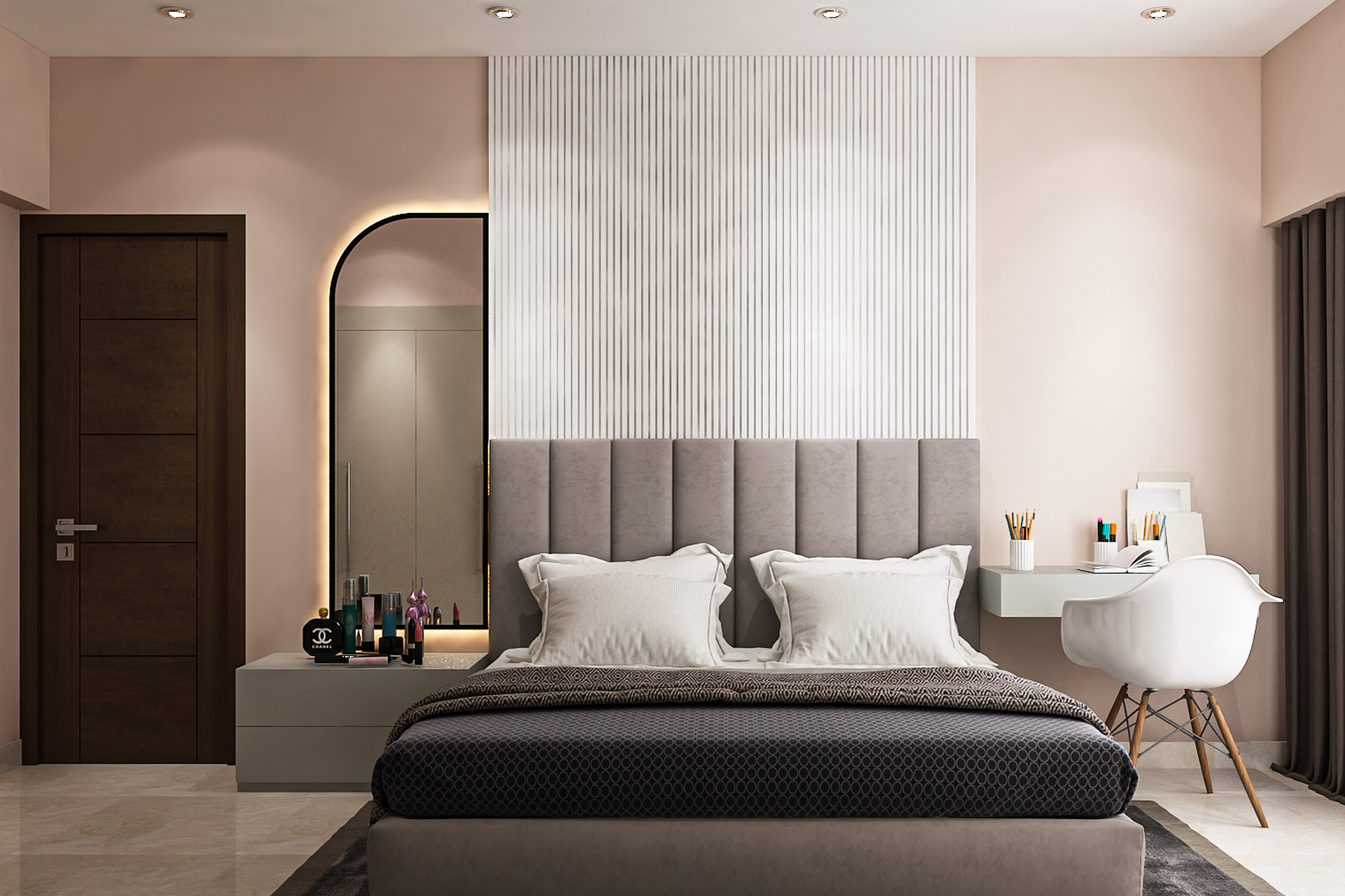 Spacious Modern Guest Bedroom With Pink Accent Wall