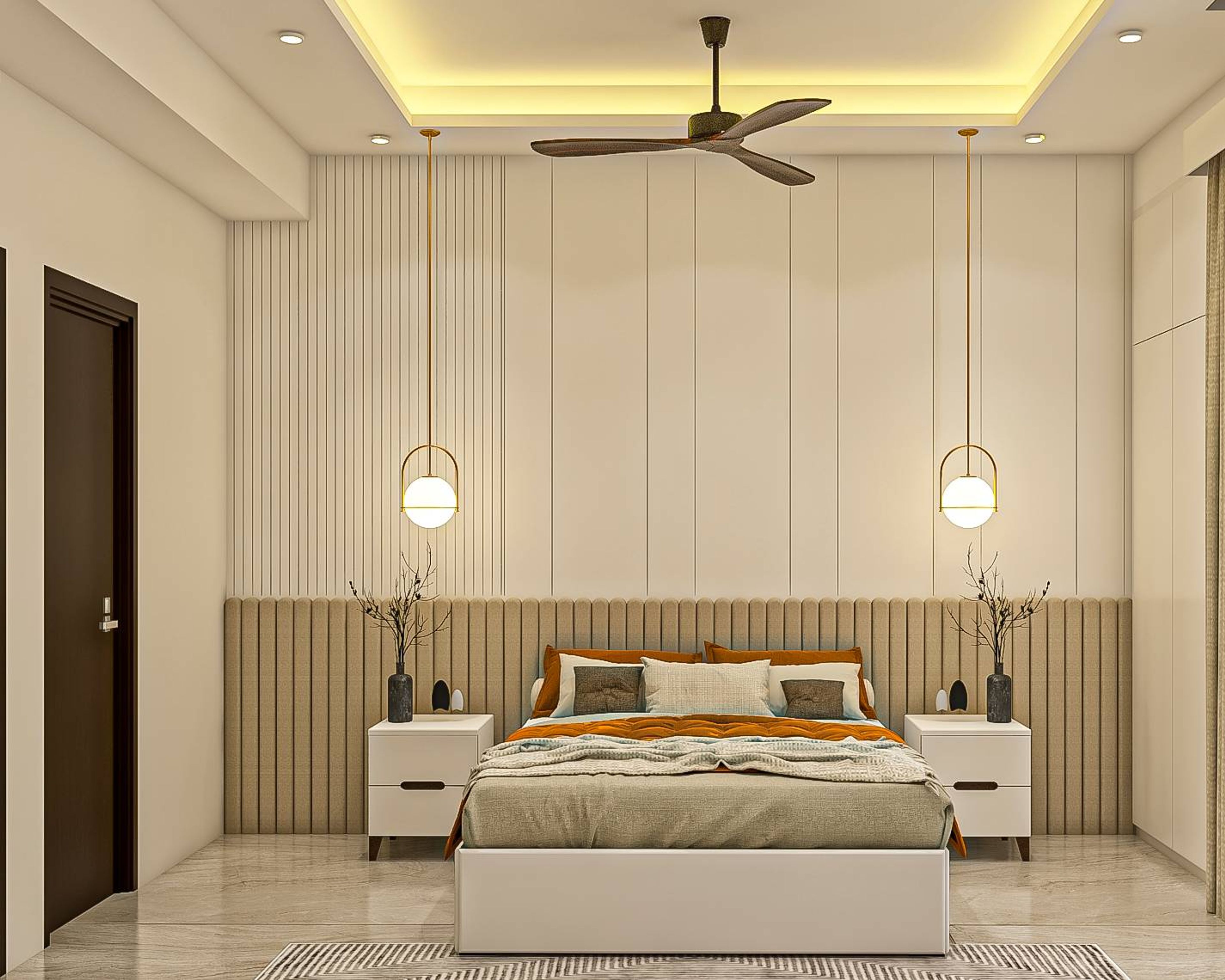 Spacious Guest Bedroom Design With Hanging Lights