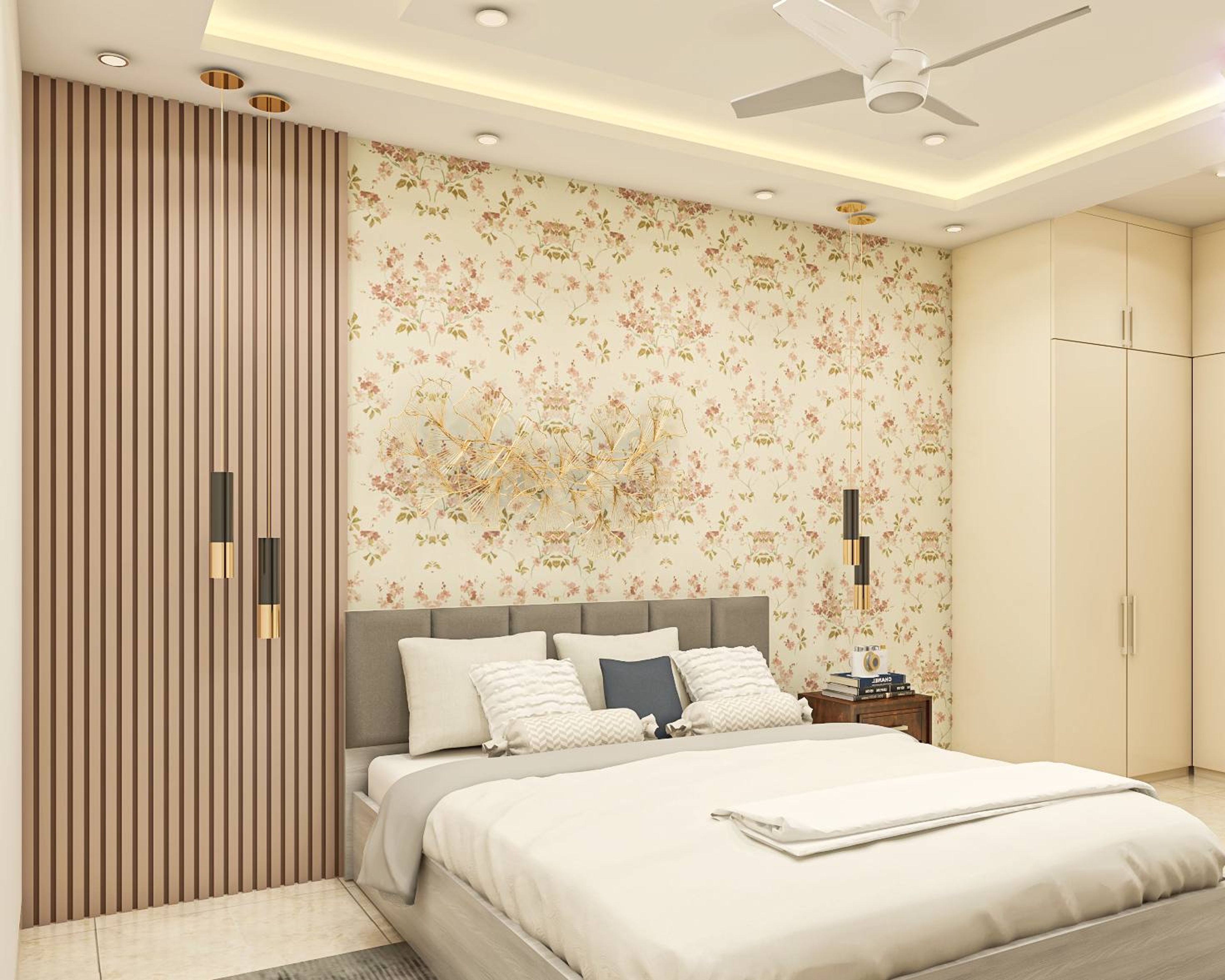 Modern Style Guest Bedroom Design With Floral Wallpaper