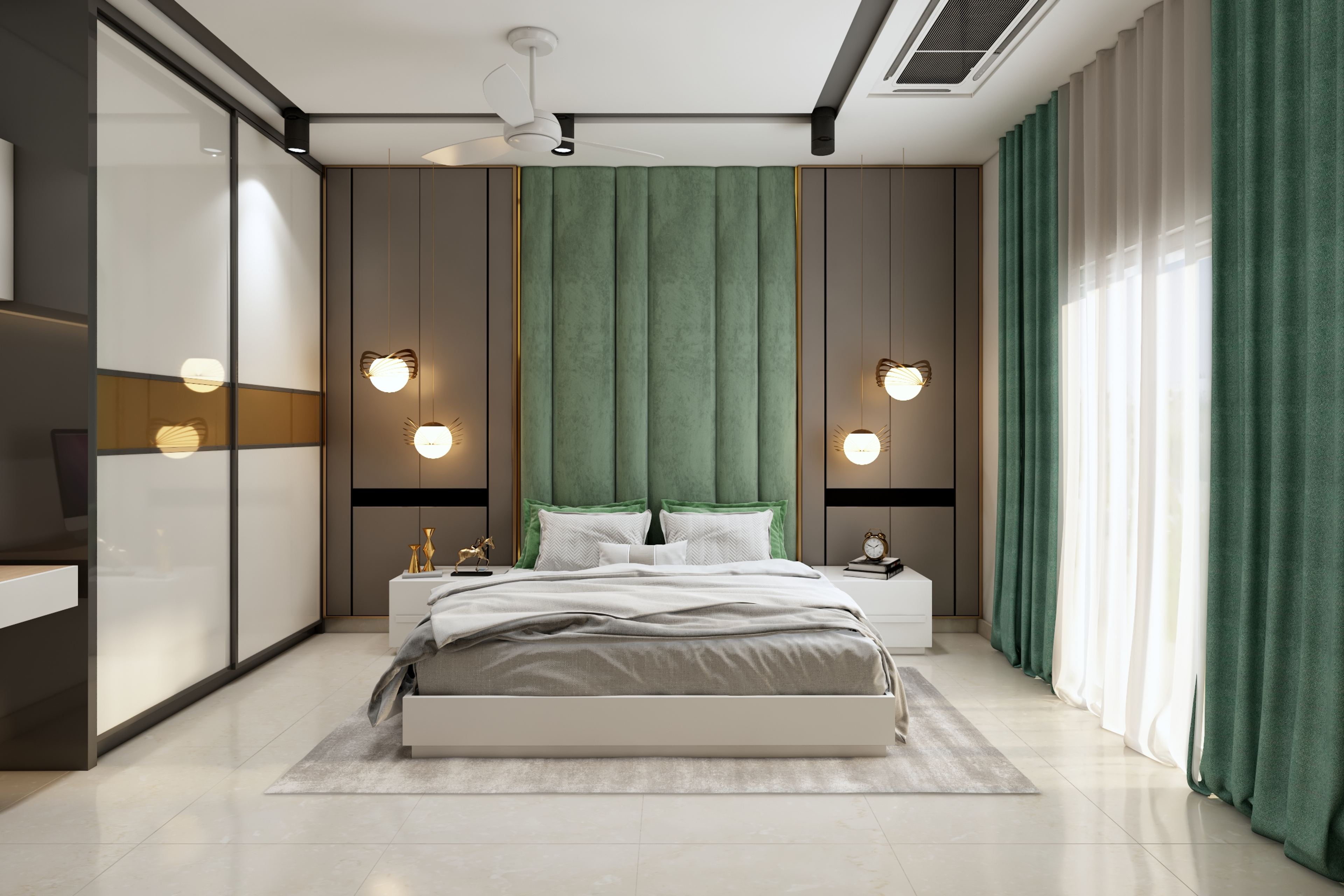 Contemporary Guest Bedroom Design In Grey And Green