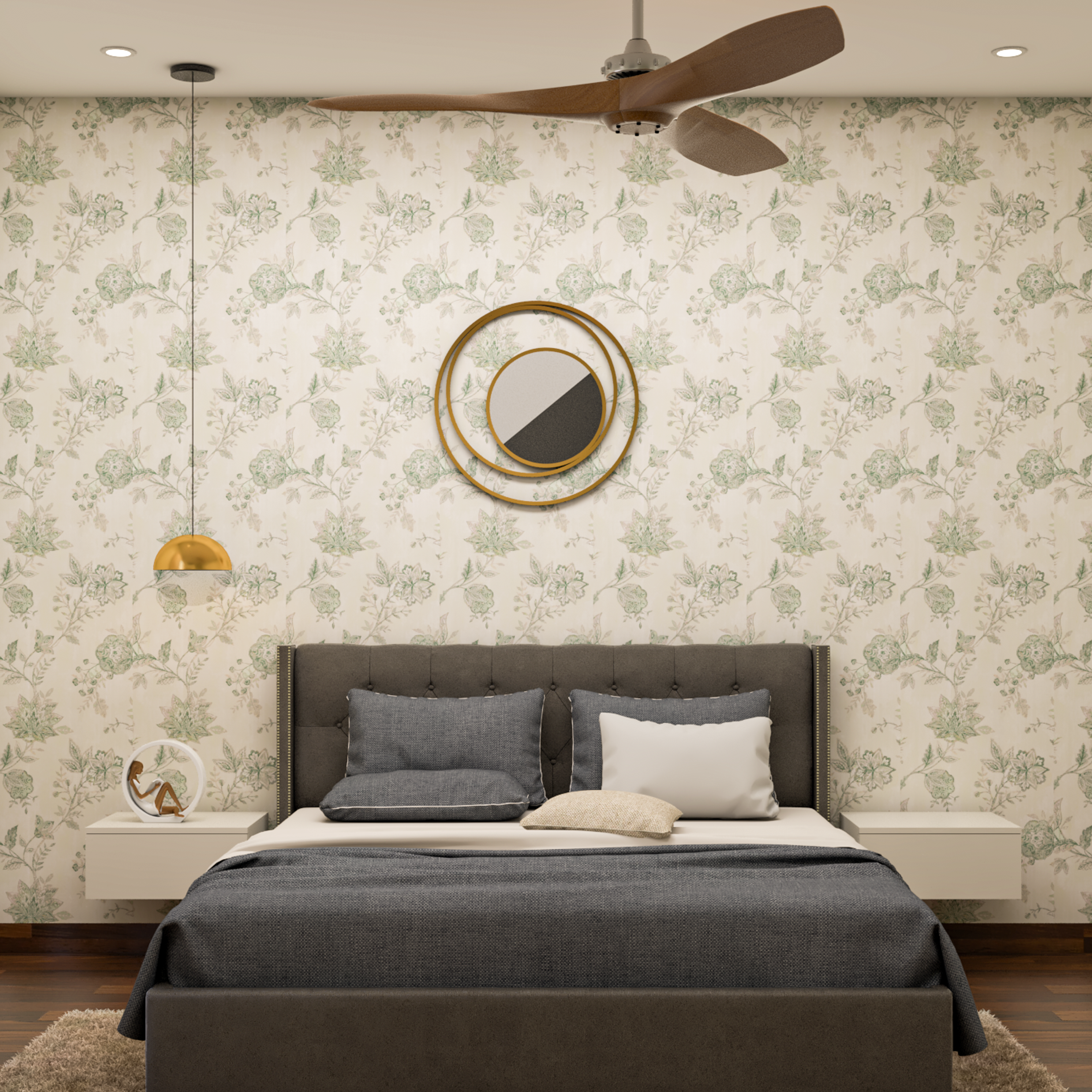 Modern Guest Bedroom Design With Dark Upholstered Bed And Patterned Wallpaper