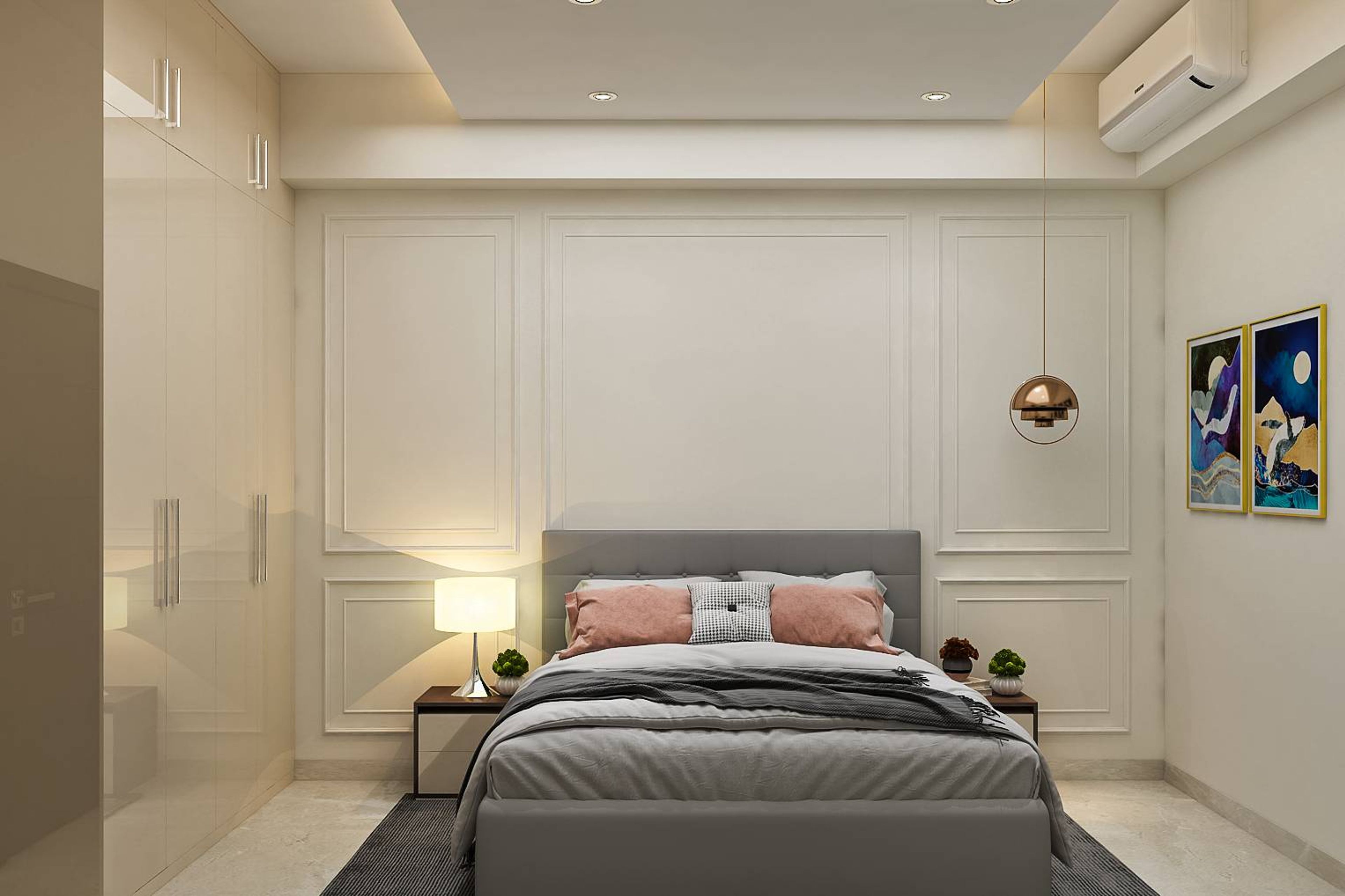 Contemporary Guest Bedroom Design With Creamy White Trims