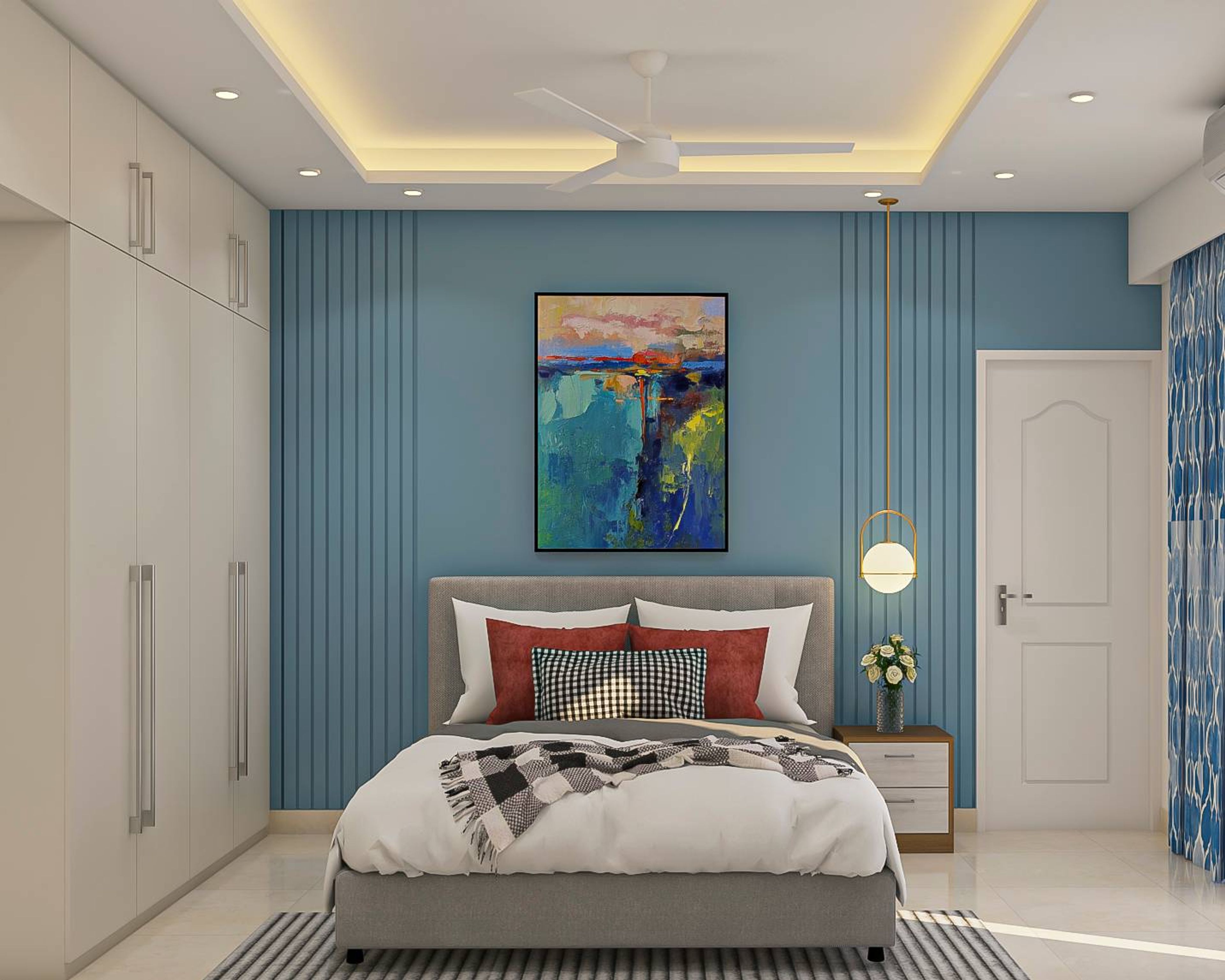 Blue Guest Bedroom Design With Large Wardrobe