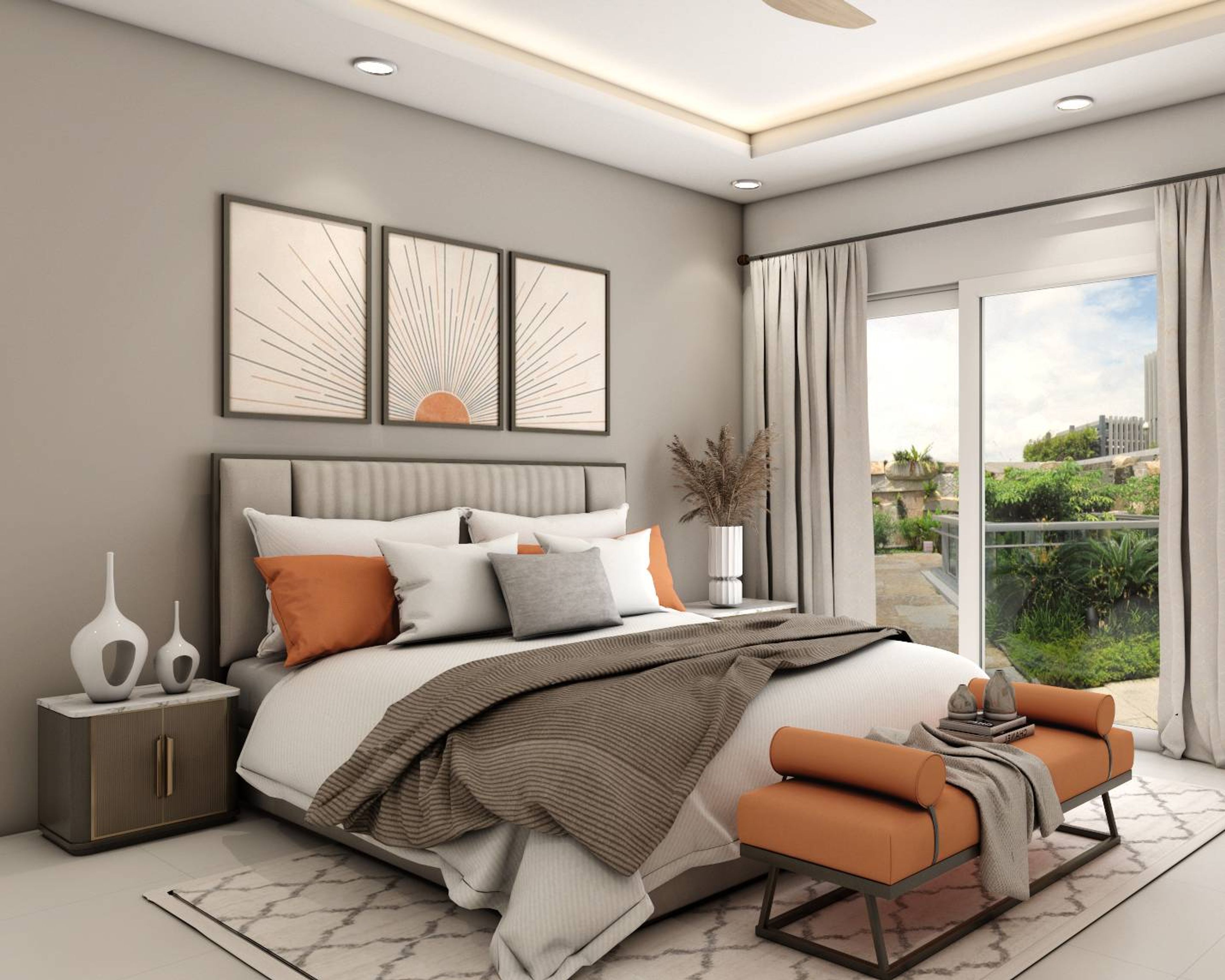 Grey Themed Modern Guest Bedroom Design With Ambient Lighting