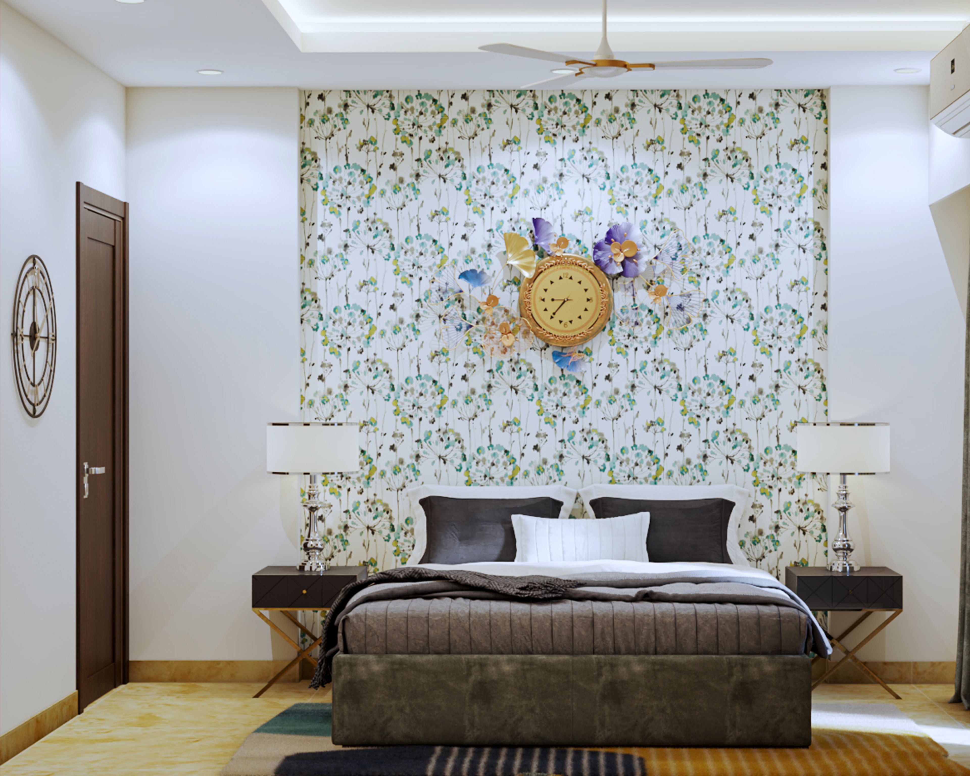 Compact Guest Bedroom Design With Floral Wallpaper