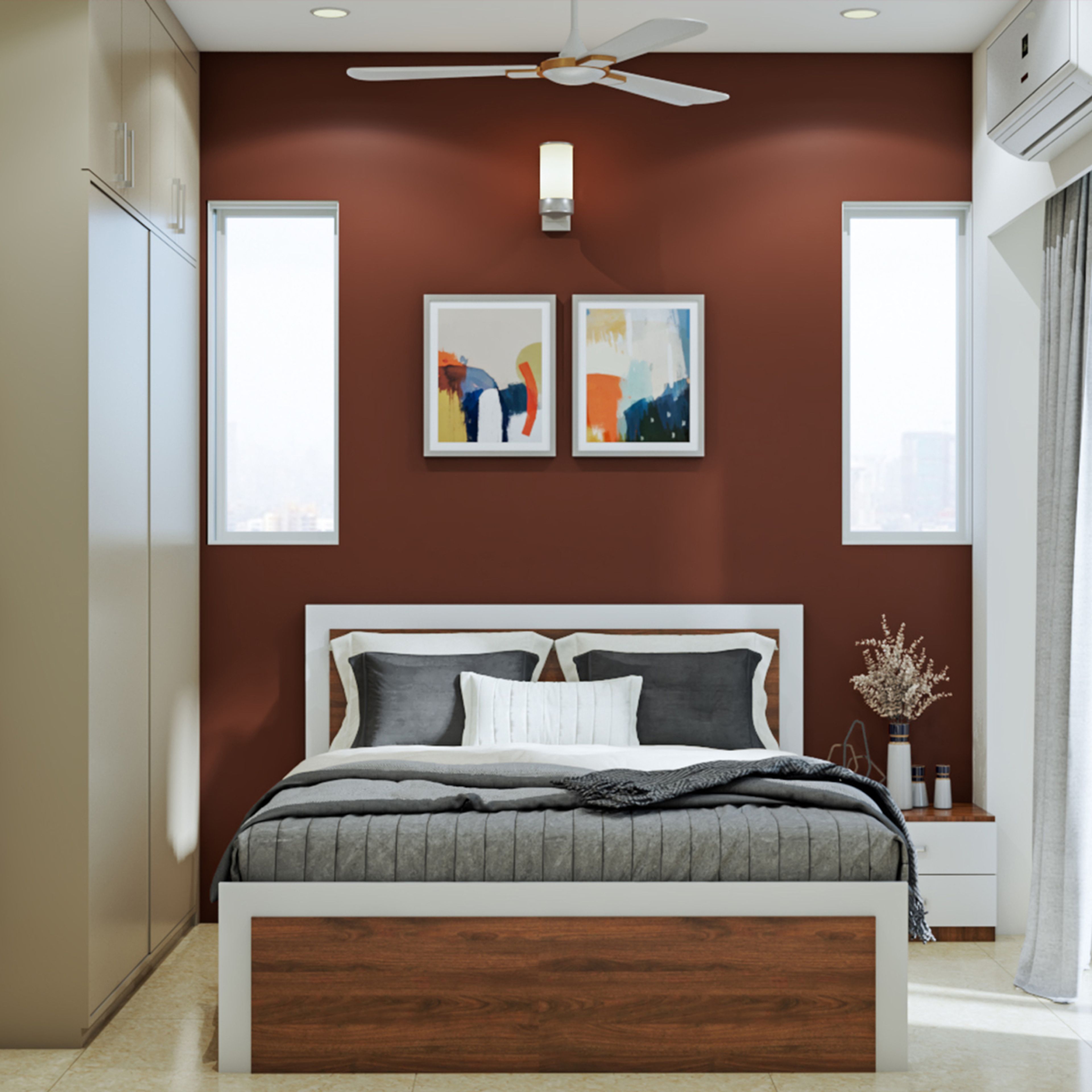 Compact Guest Bedroom Design With Dark Brown Accent Wall