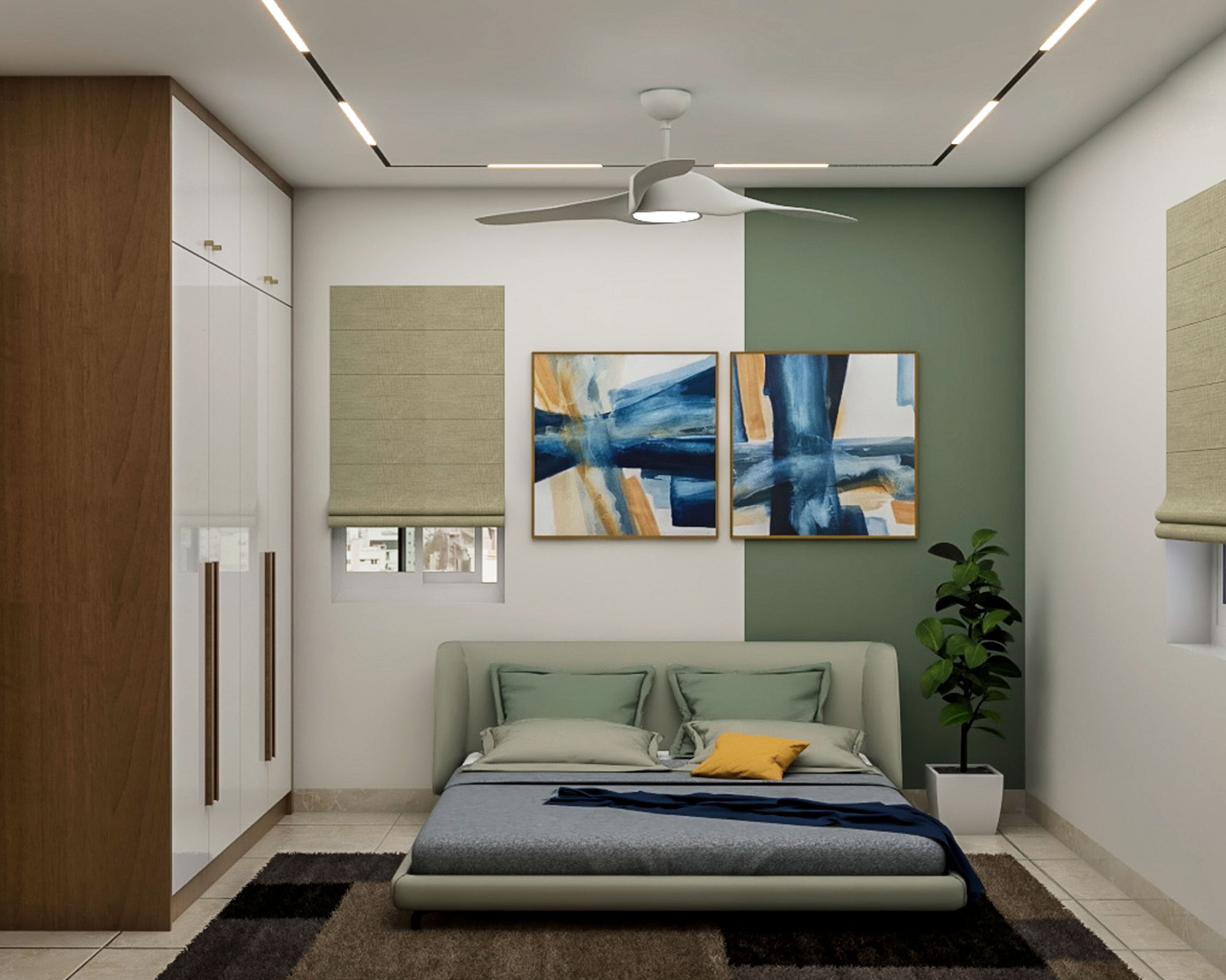 Spacious Guest Bedroom Design With Sage Green And White Interiors