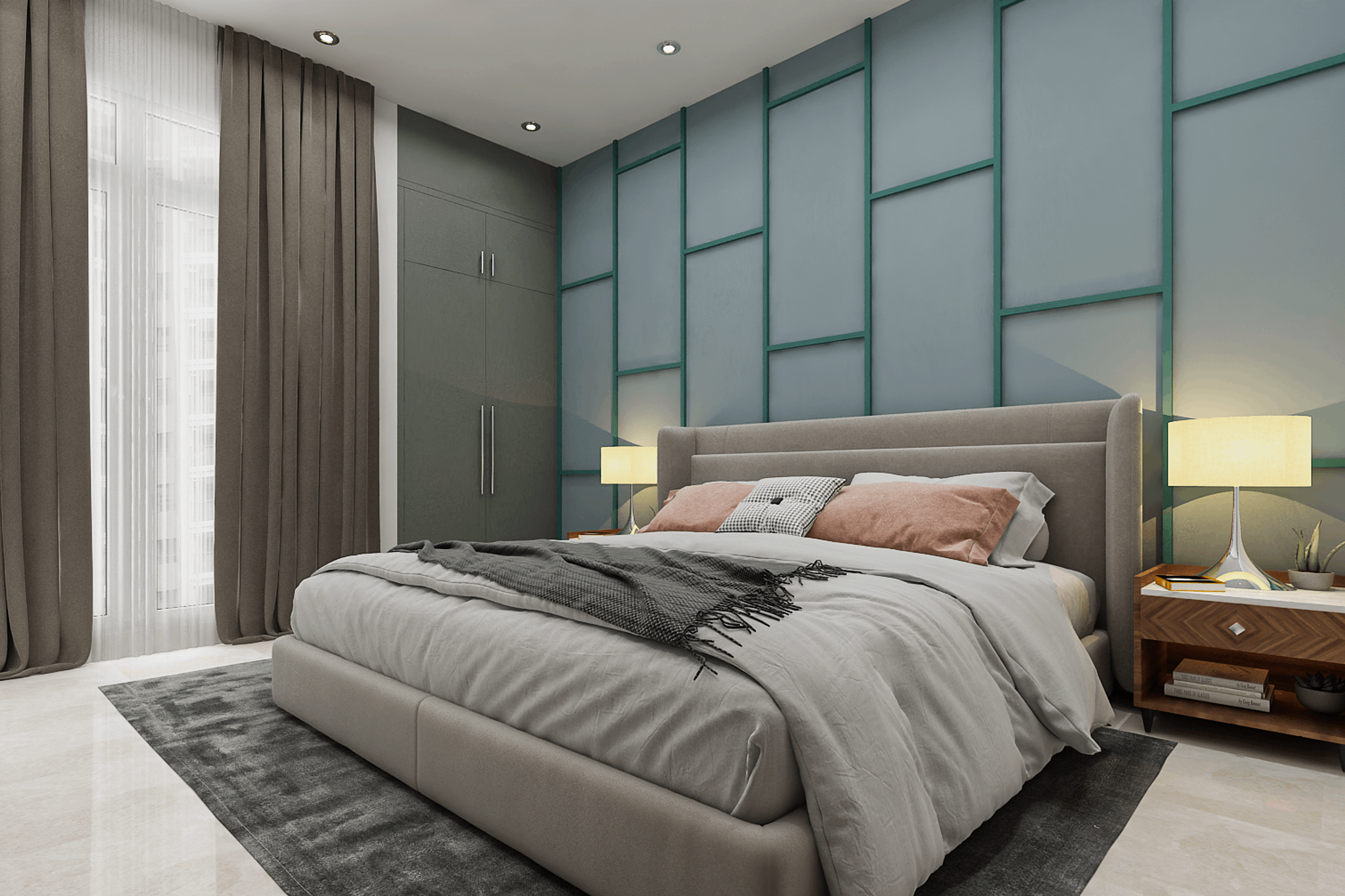 Contemporary Guest Bedroom Design With Grey Headboard