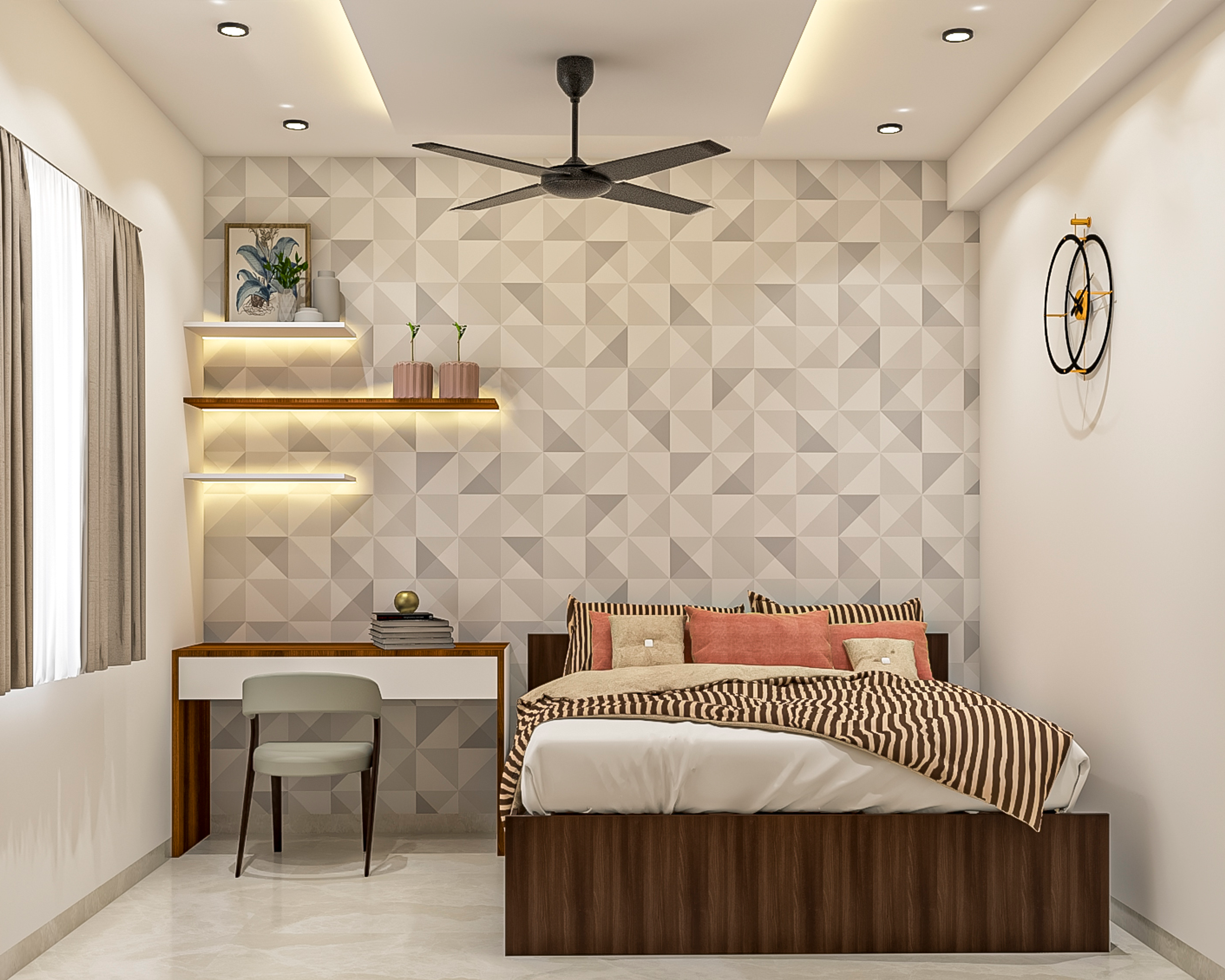 Contemporary Guest Bedroom Design With Patterned Wallpaper