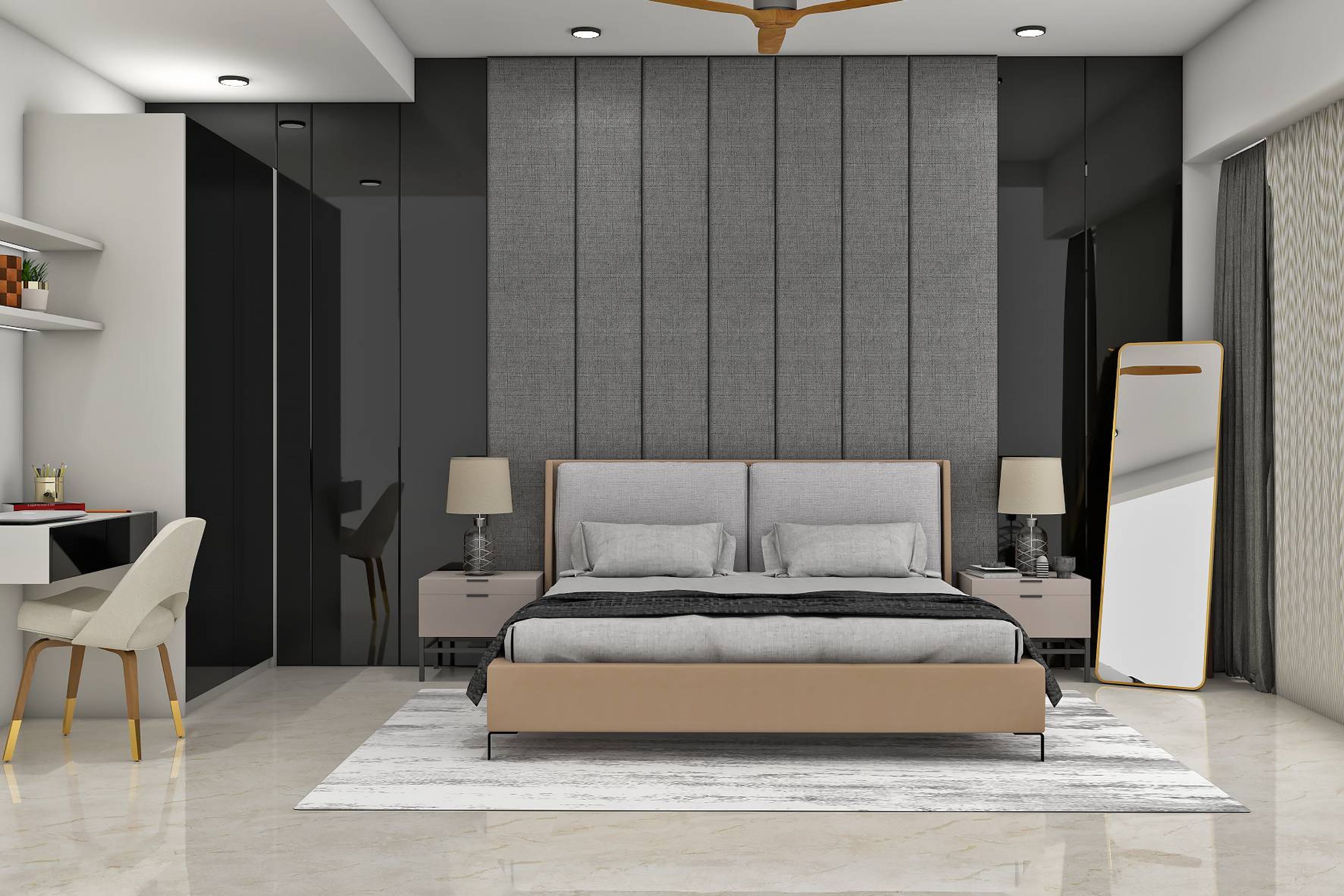 Modern Guest Bedroom With Glossy Black Panels - Livspace