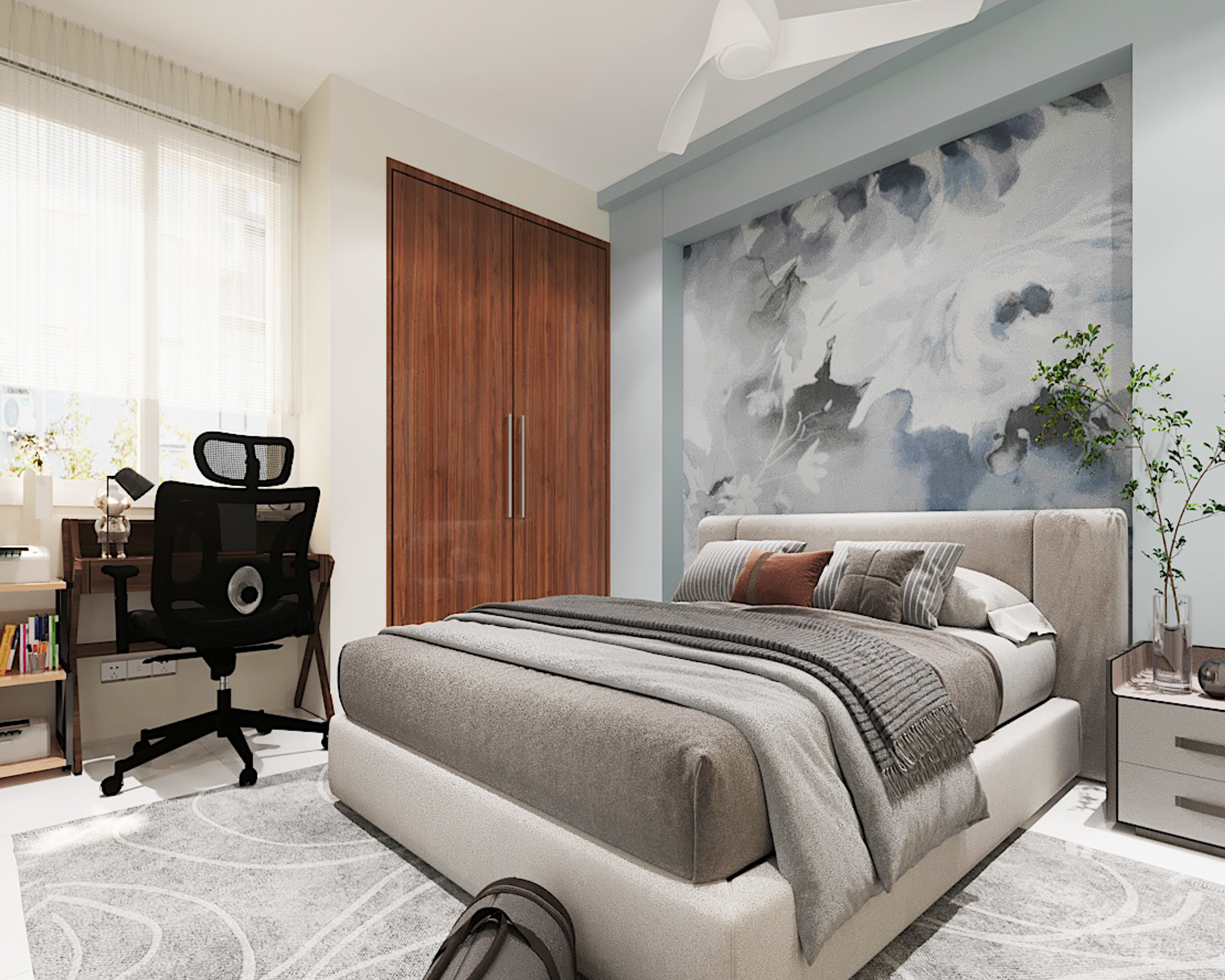 Contemporary Guest Bedroom Design With Grey Upholstered Bed