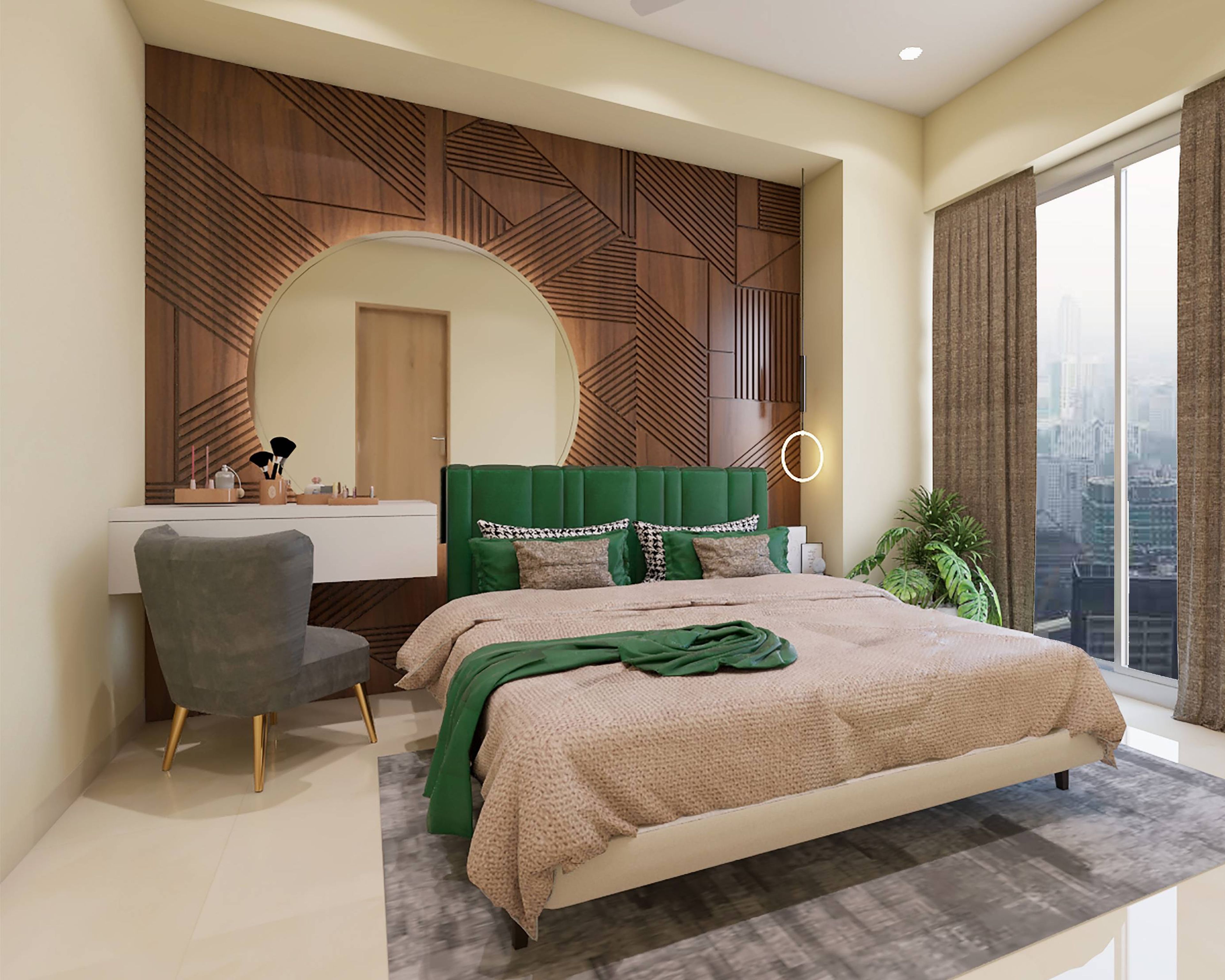 Contemporary Guest Bedroom Design With Large Circular Mirror
