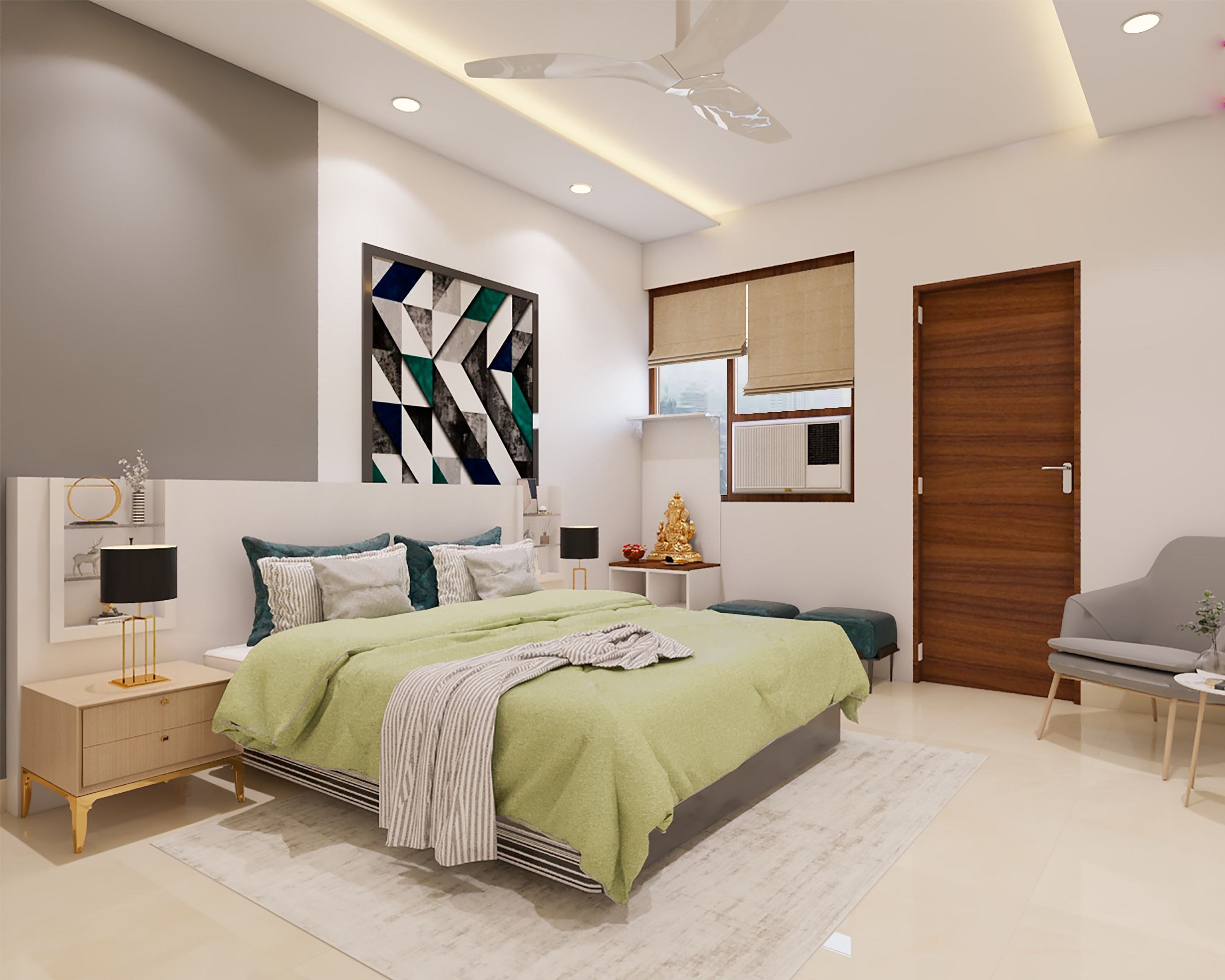 Spacious Guest Bedroom Design With Parallel False Ceiling