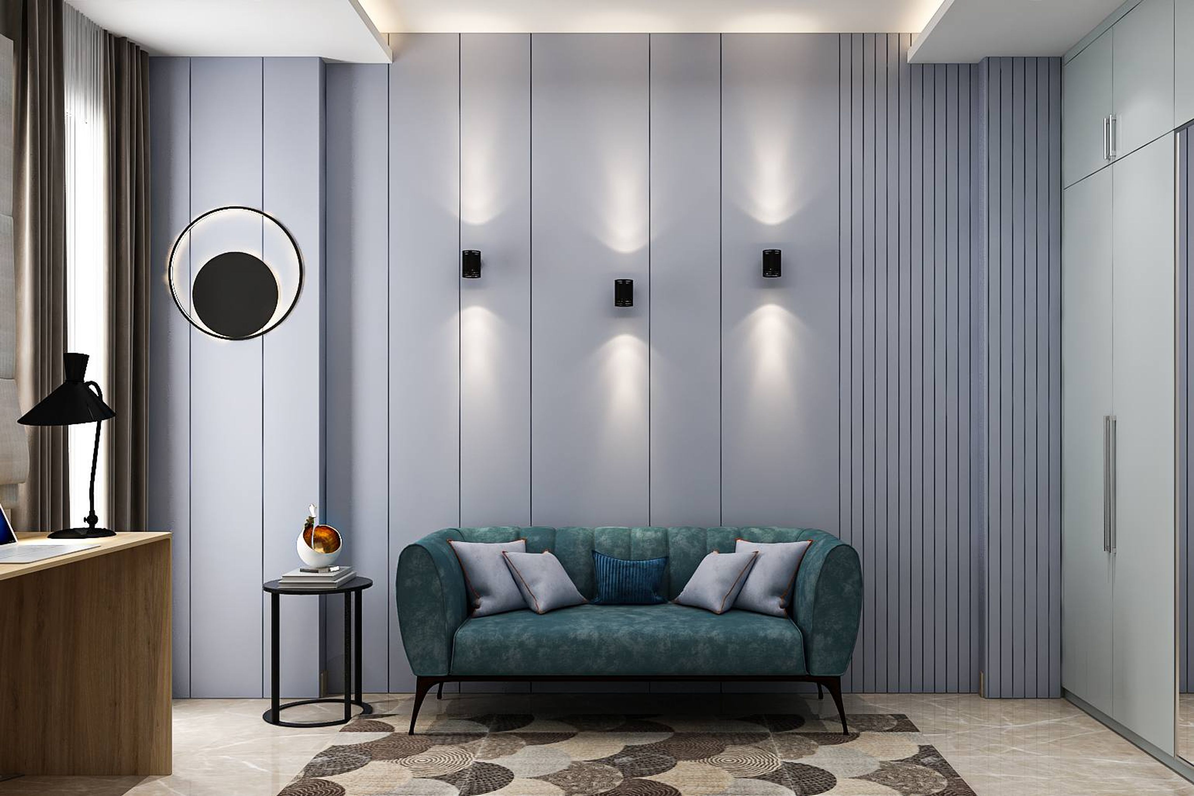 Contemporary Blue And White Guest Bedroom Design With Wardrobe