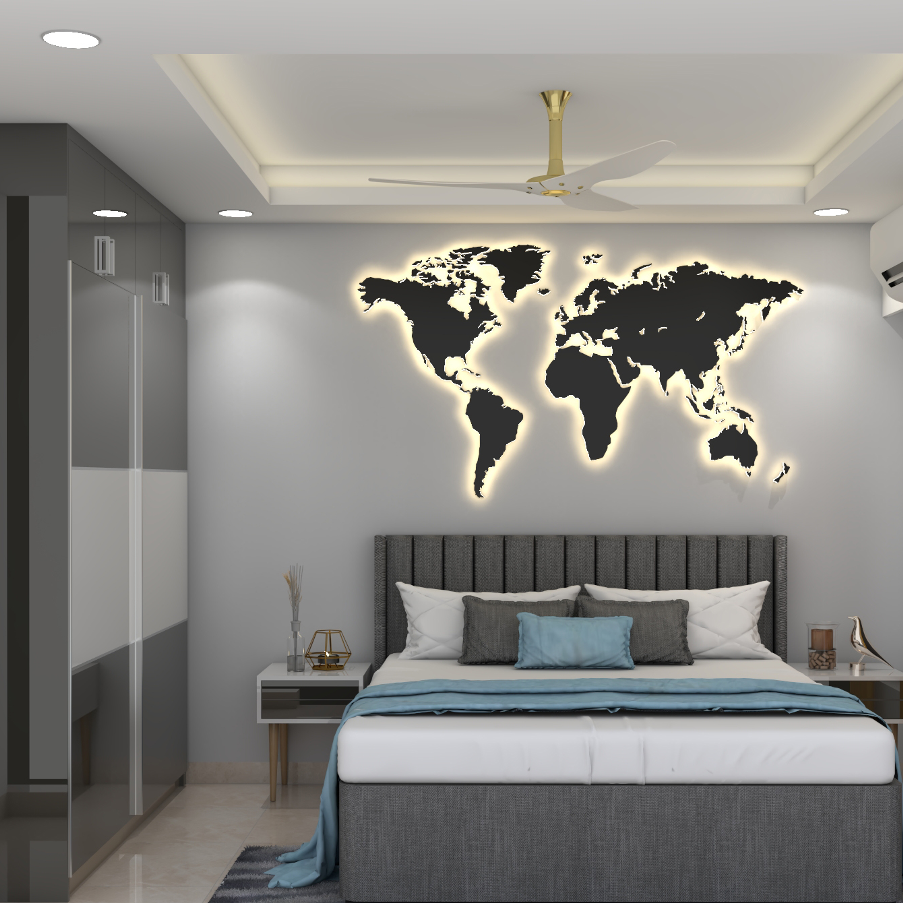 Modern Guest Bedroom Design With World Map Wall Decor