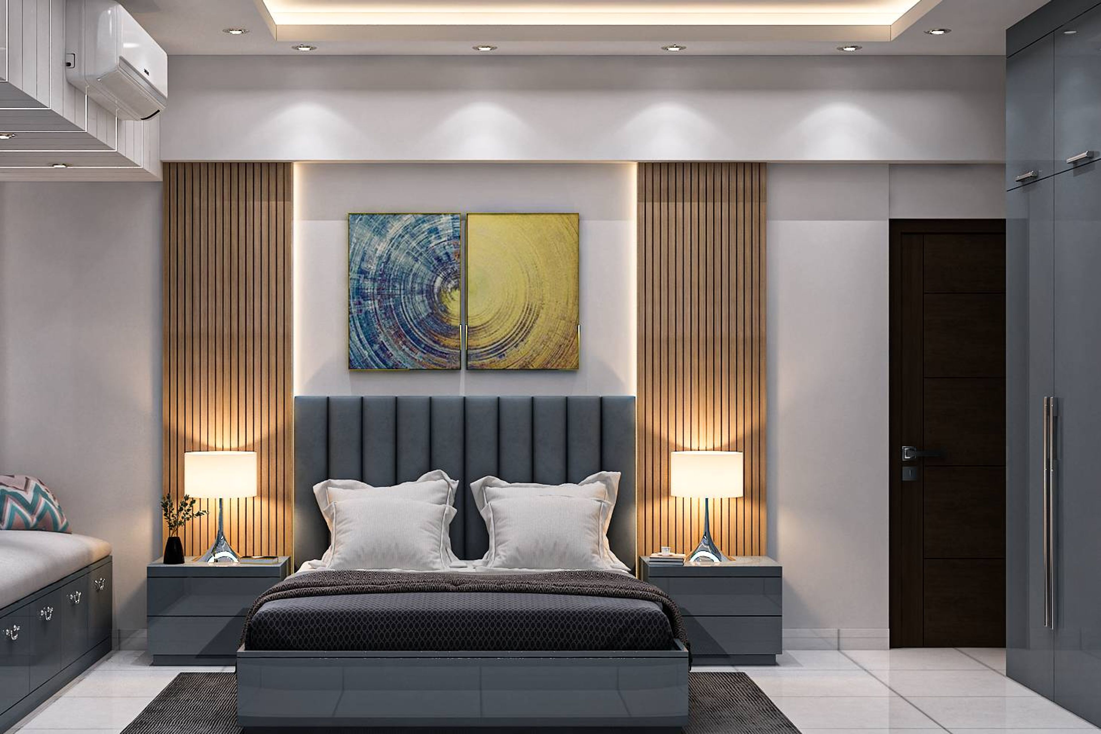 Contemporary Guest Bedroom Design With Grey Bed