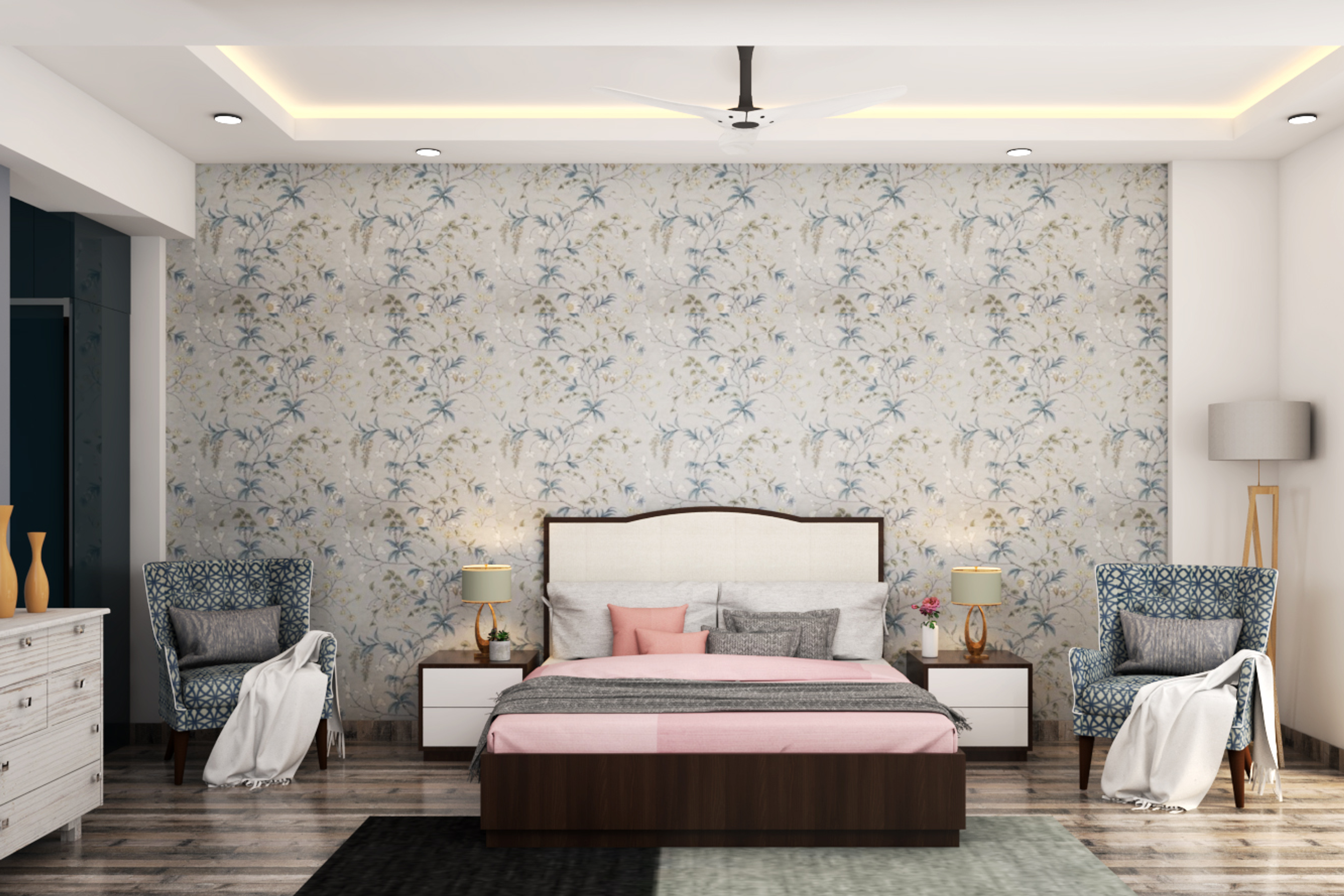 Modern Spacious Guest Bedroom Design With Floral Wallpaper