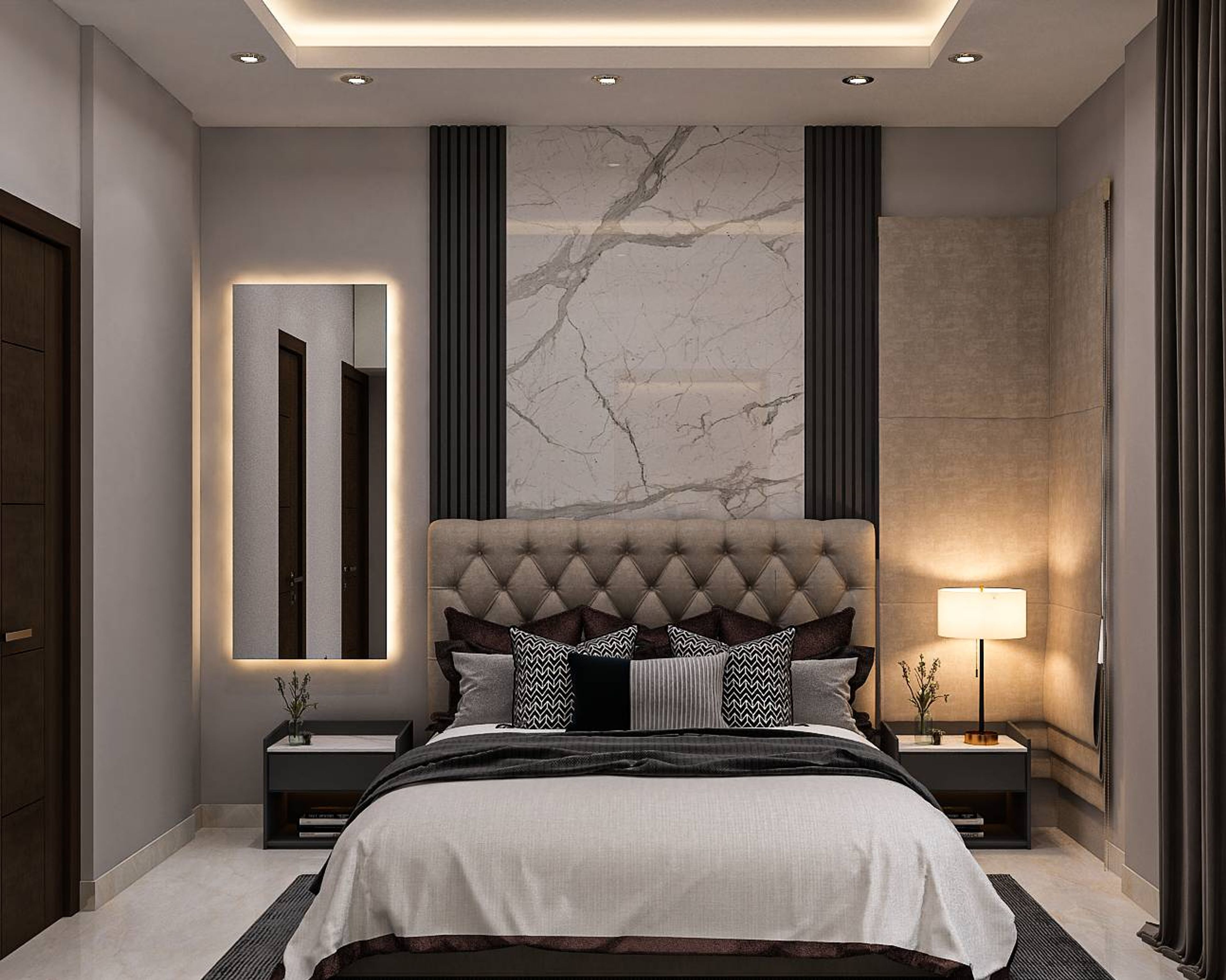 Spacious Grey Guest Bedroom Design With Panels