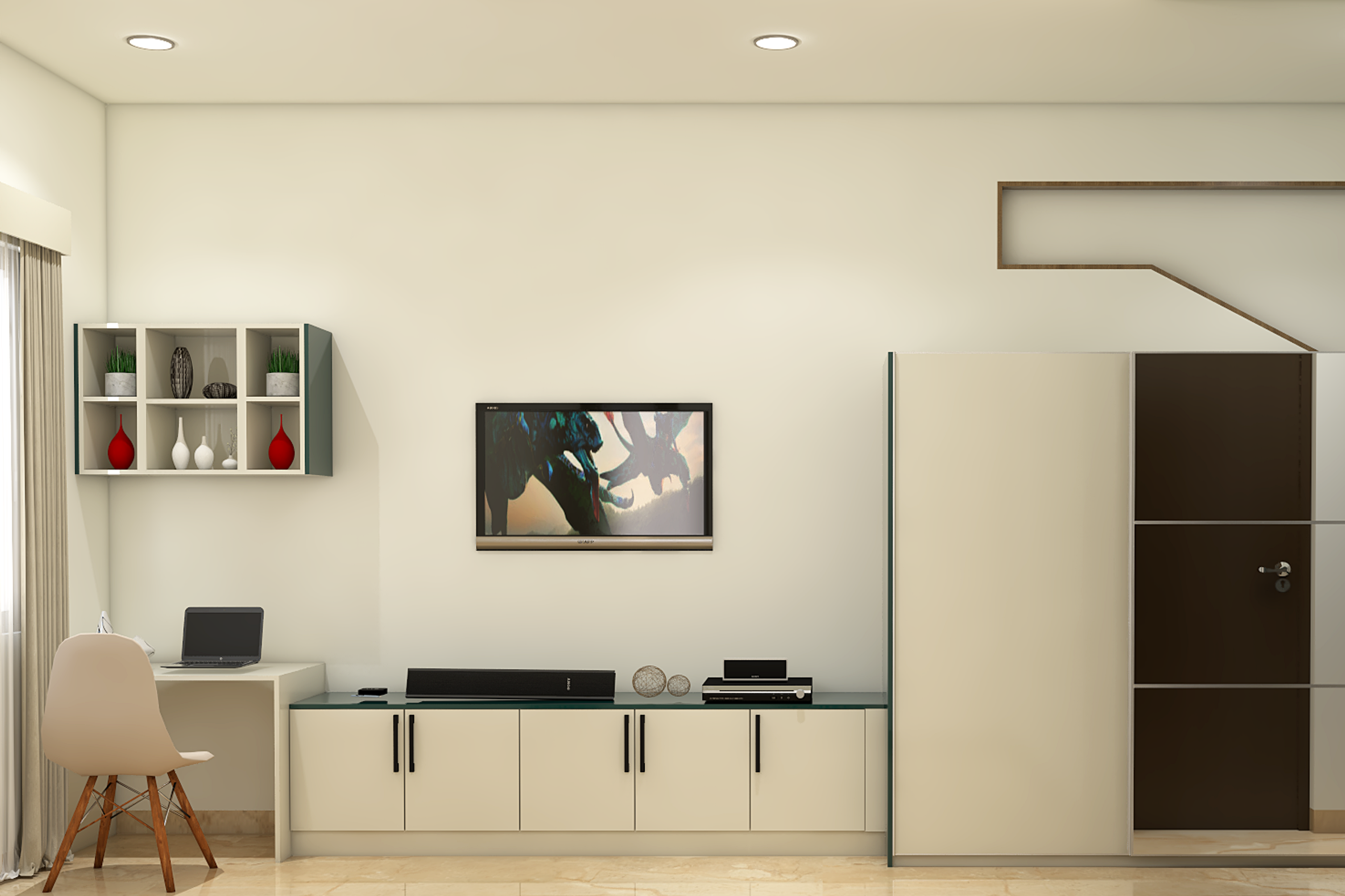 Spacious Modern Themed Home Office Design With Overhead Storage