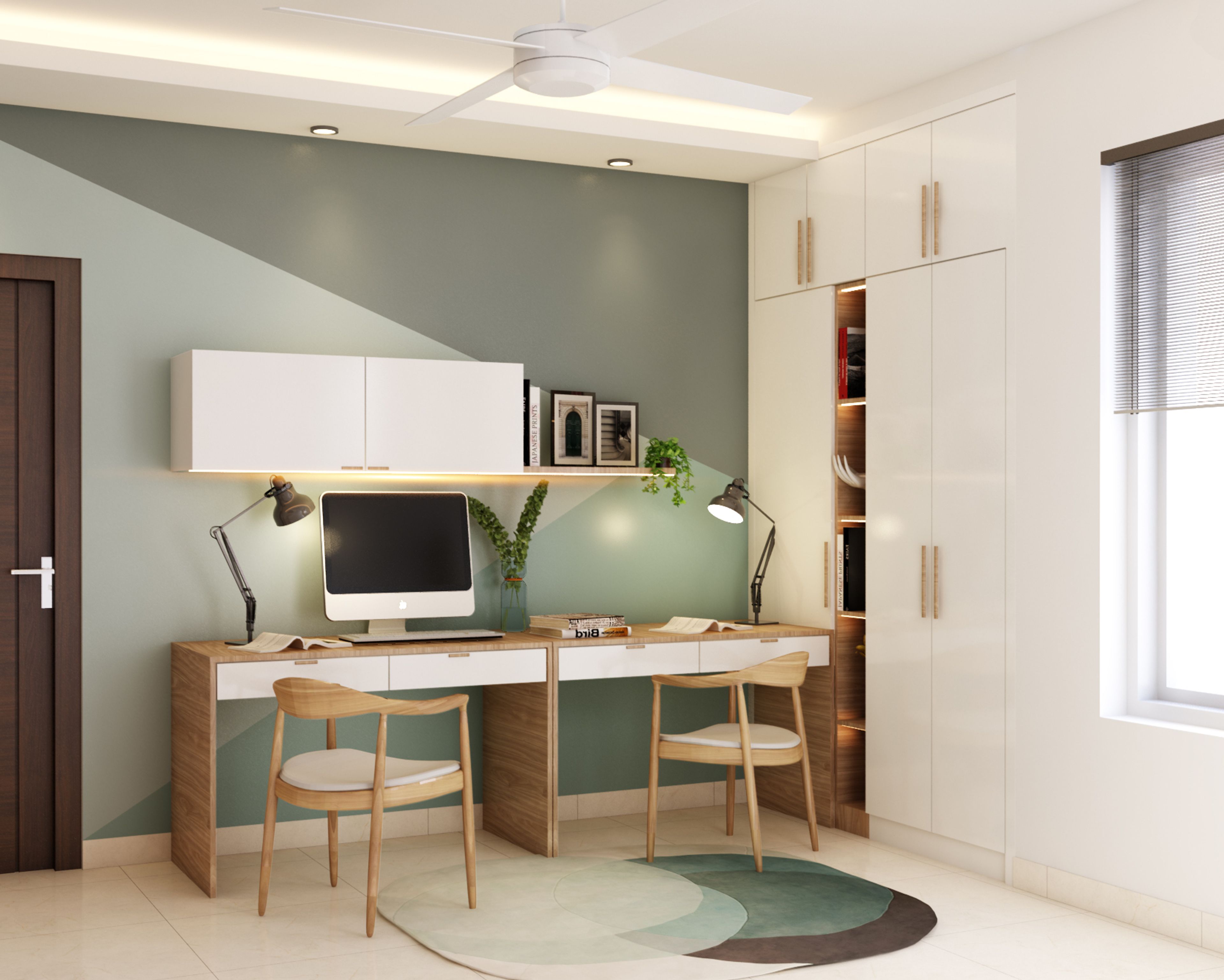 Modern Wood And White Home Office Design With Two Study Units