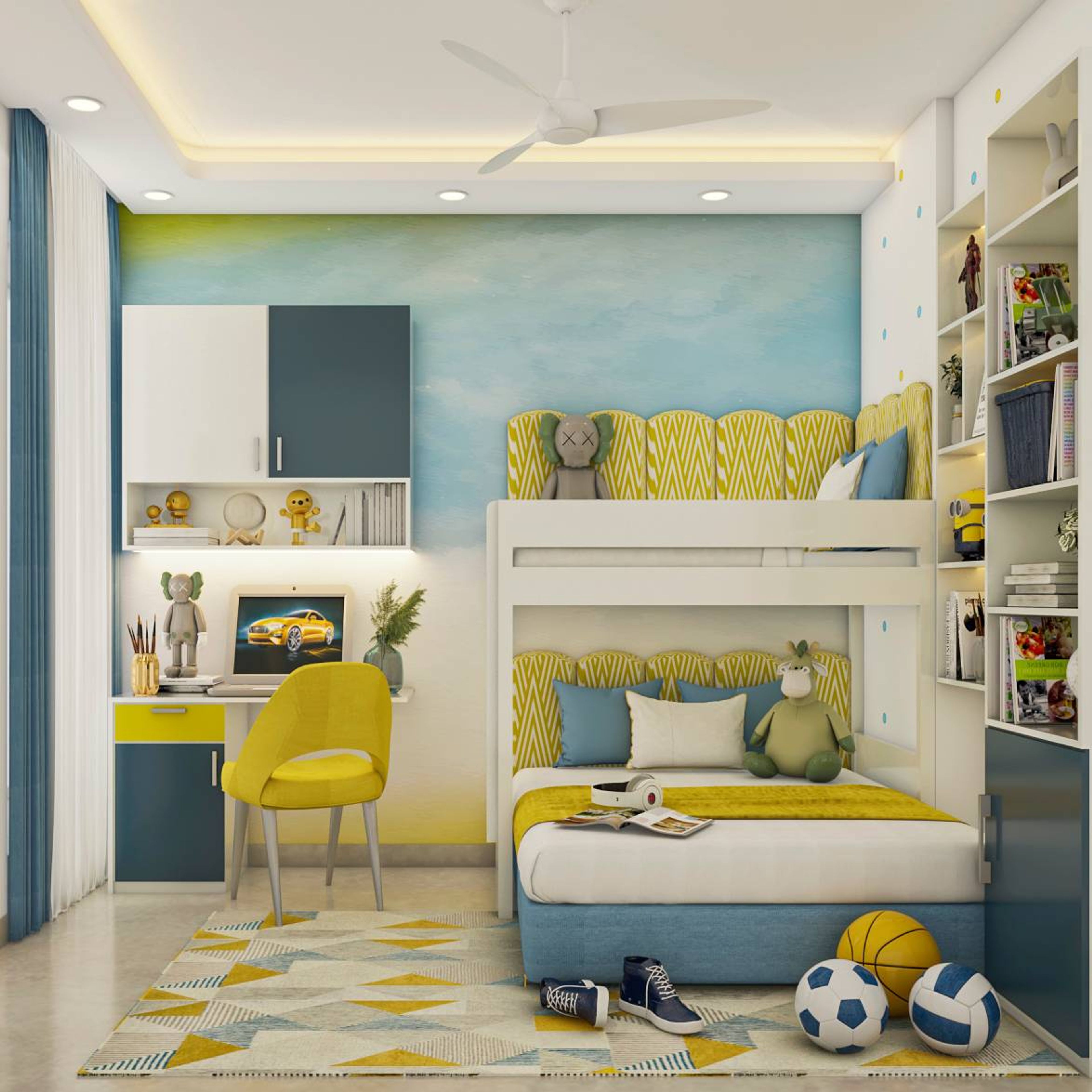 Contemporary Spacious Kid's Bedroom Design With Blue And Yellow Decor