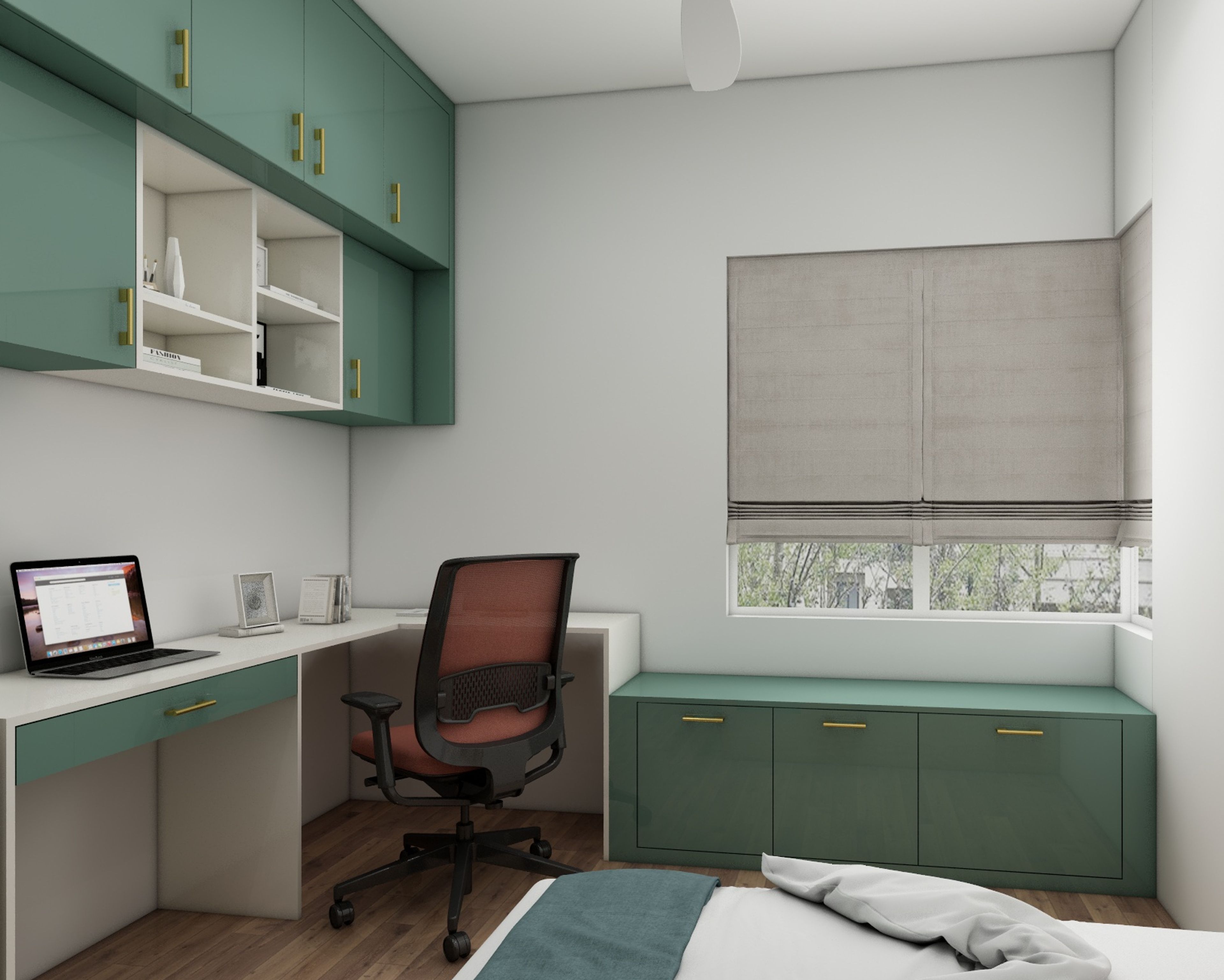 Modern Home Office Design With Green Drawers