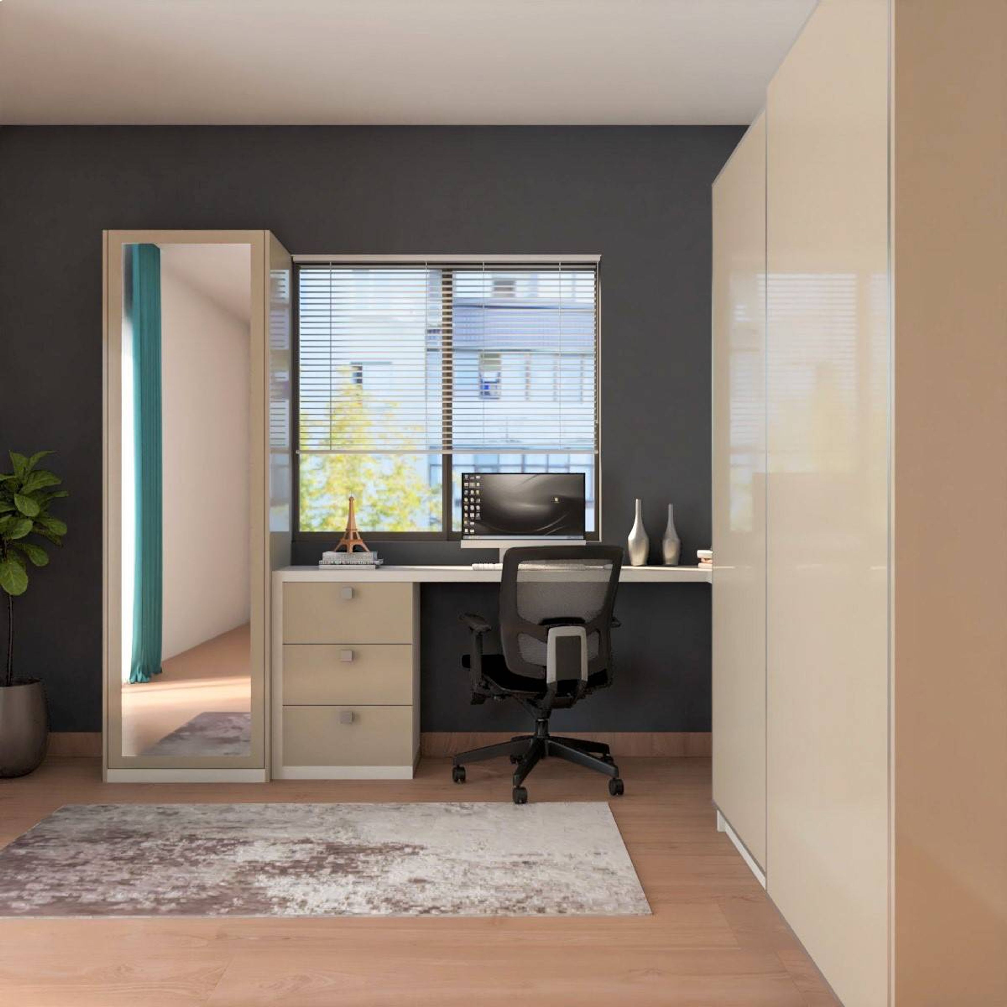 Beige Home Office Design With Mirrored Unit