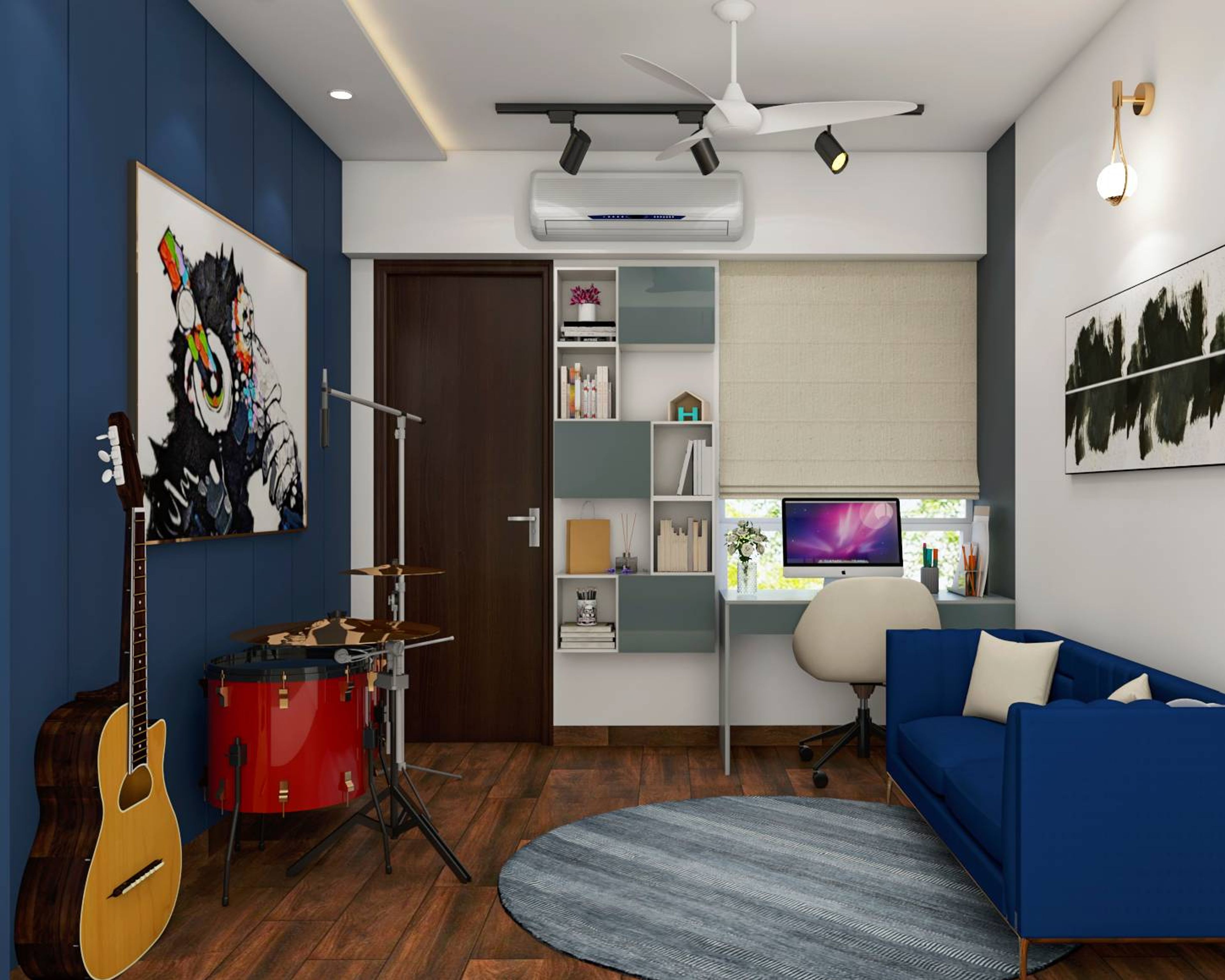 Modern Home Office Design With Blue Seater