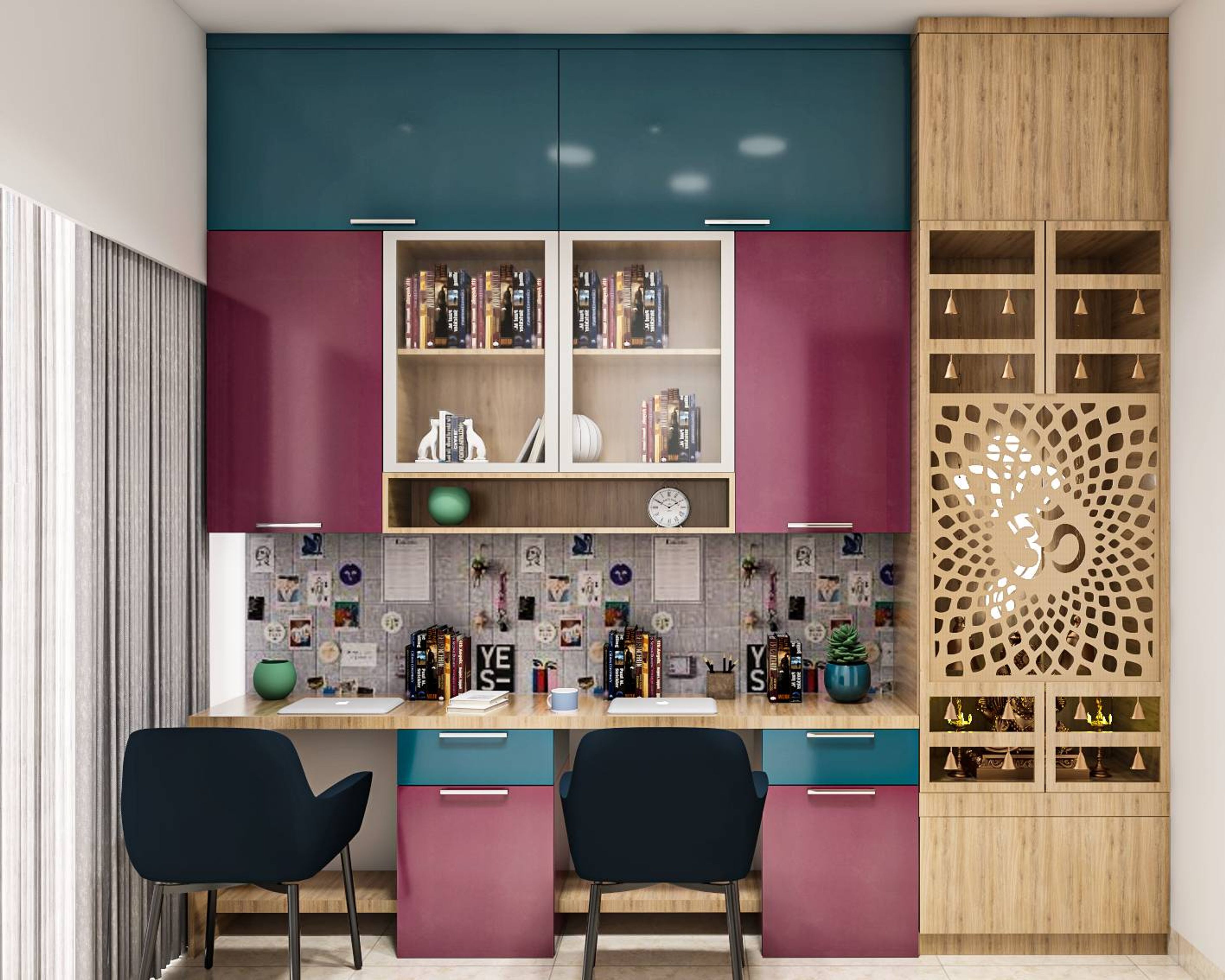 Modern Home Office Design With Colourful Cabinets And Pooja Unit