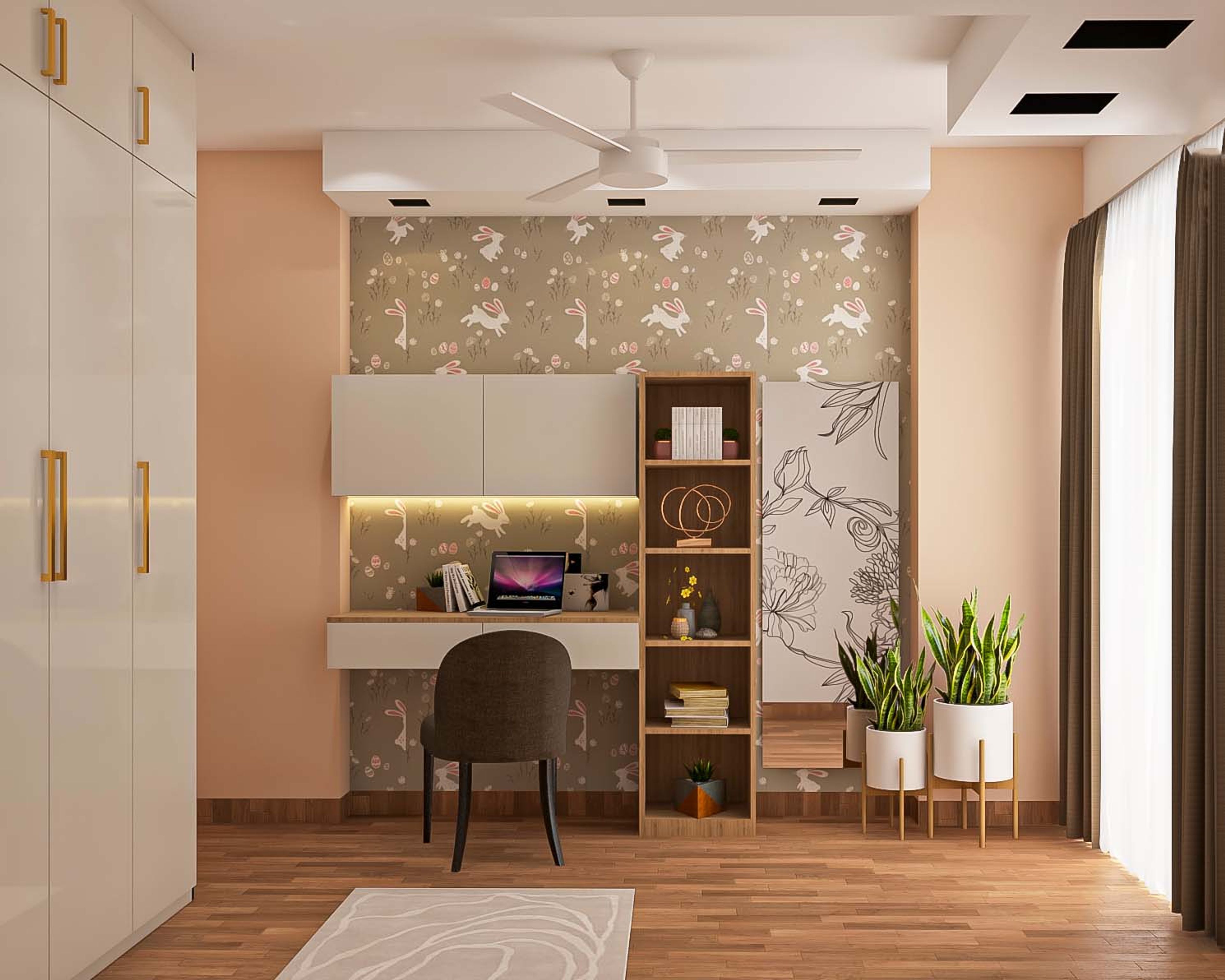 Spacious Home Office Design With Olive Green Wallpaper