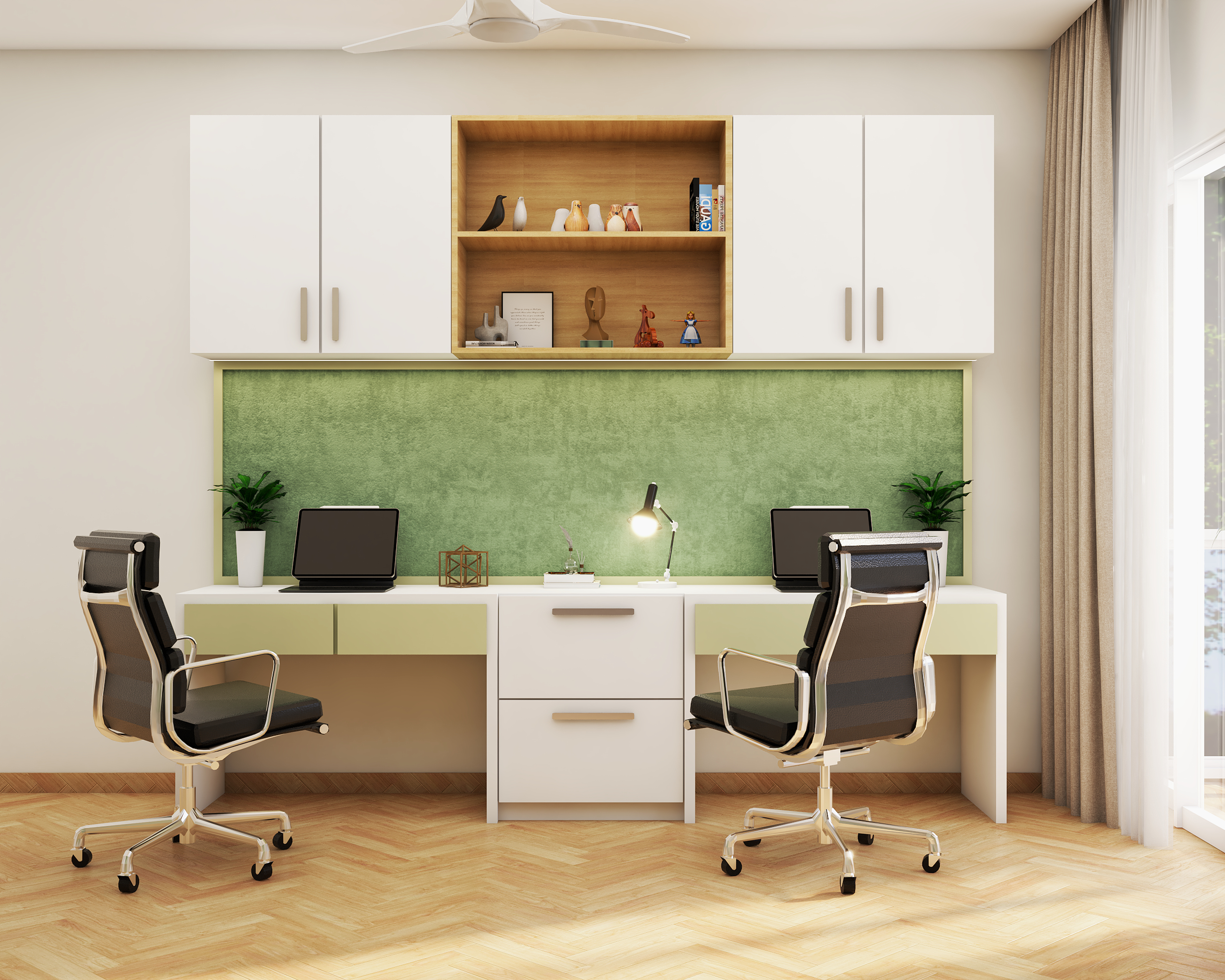 Contemporary Home Office Design In Green And White