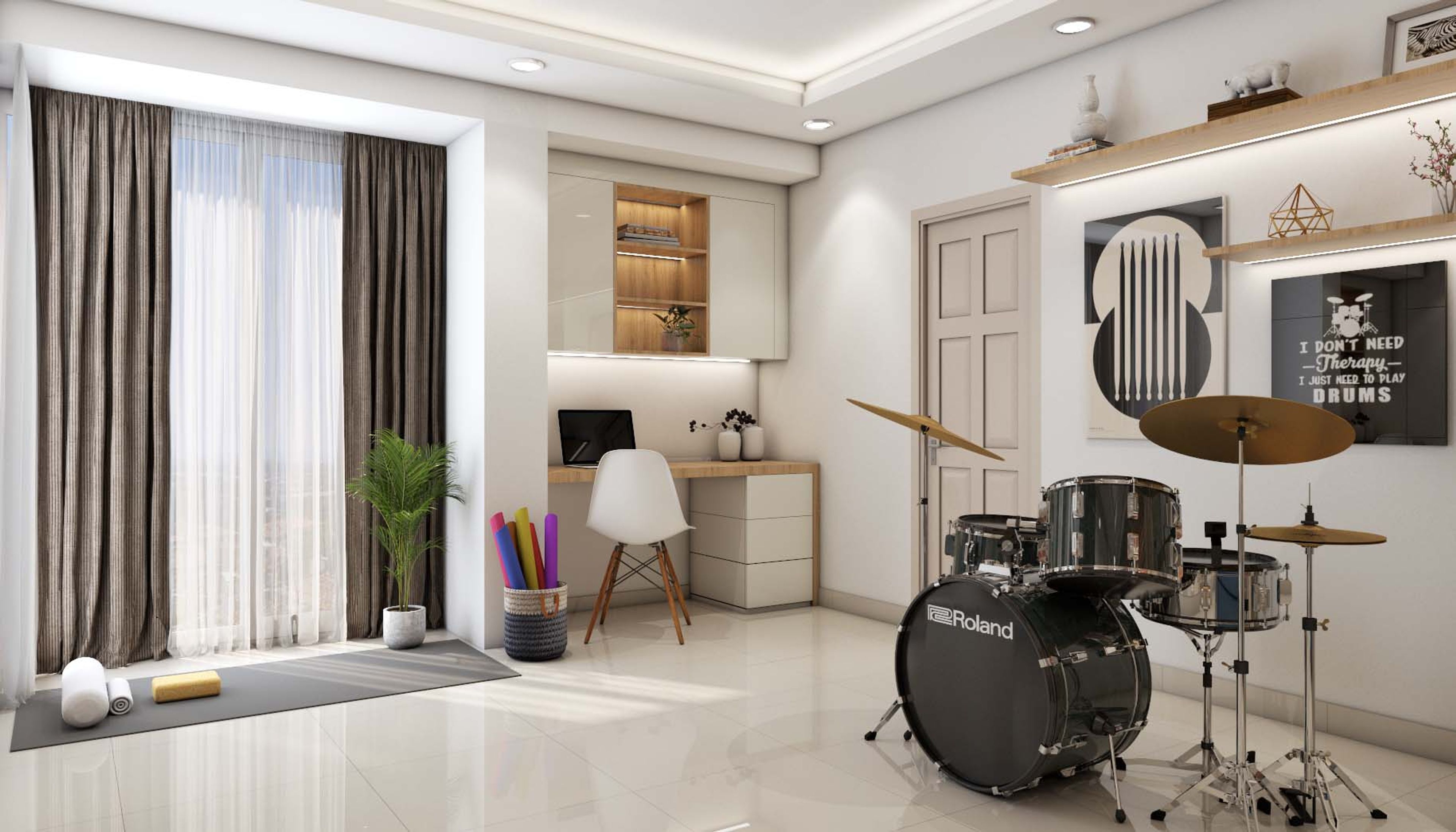 Modern Home Office Design With Open Shelves