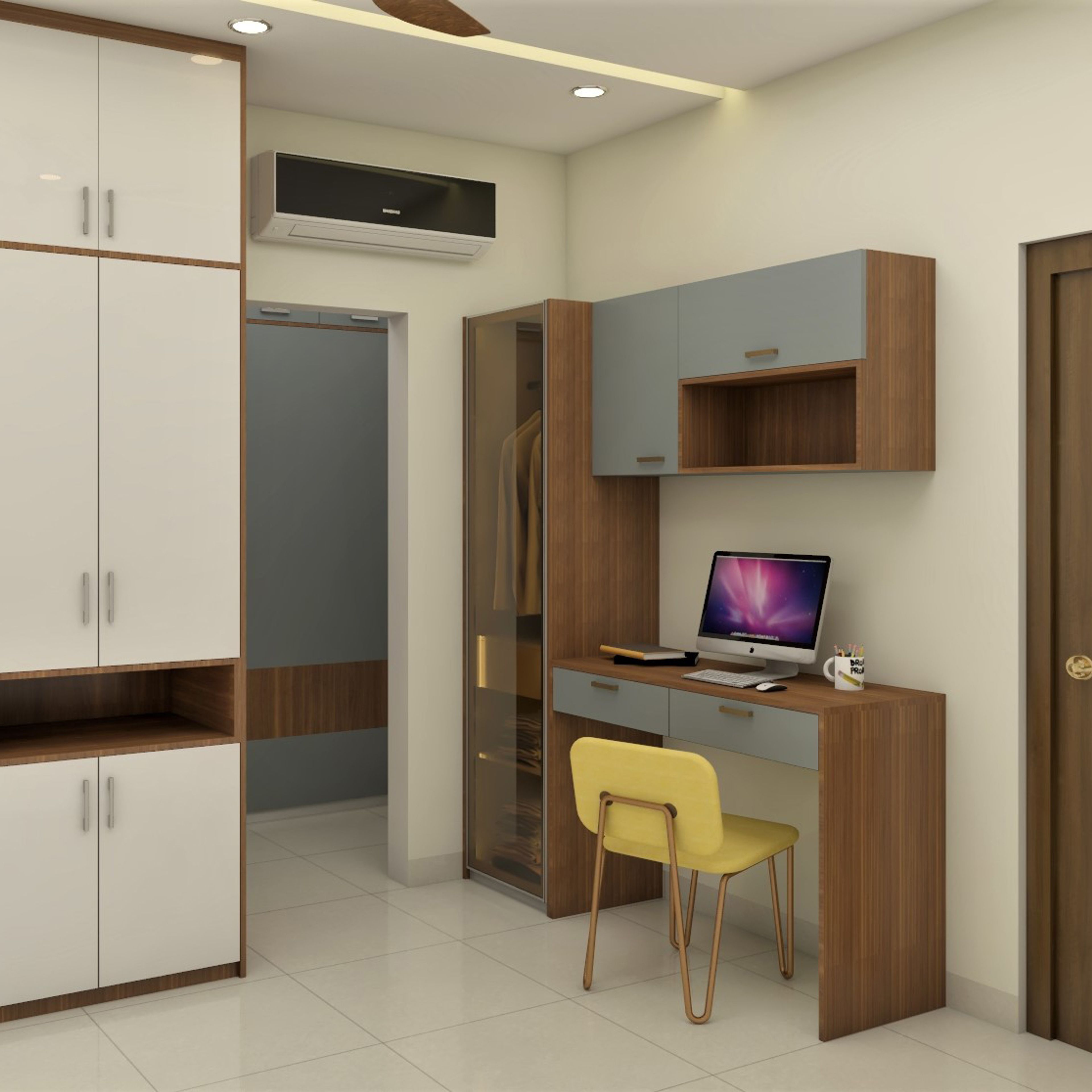 Contemporary Grey And Brown Home Office Design With Wooden Table