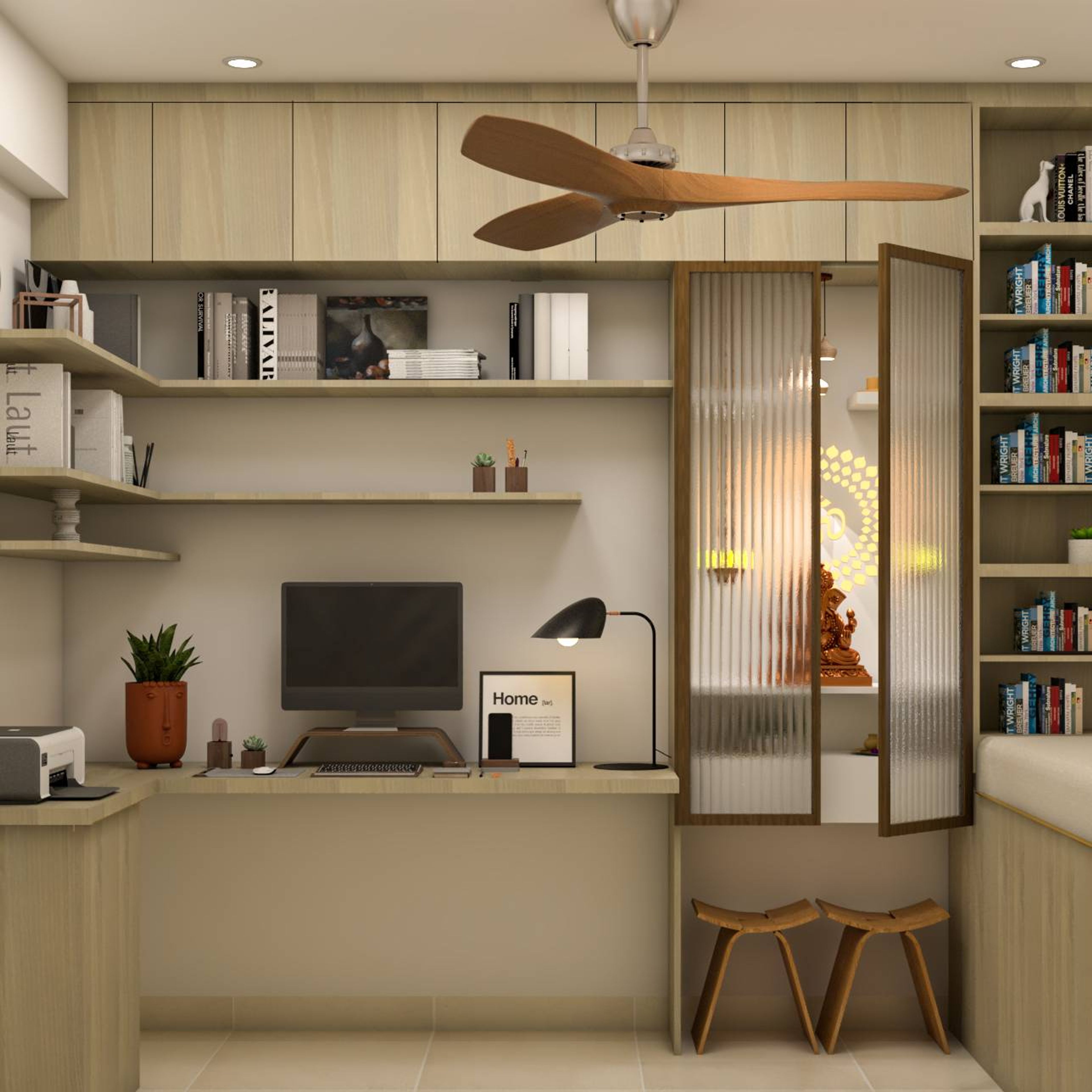 Contemporary Home Office Design With Open Storage Units