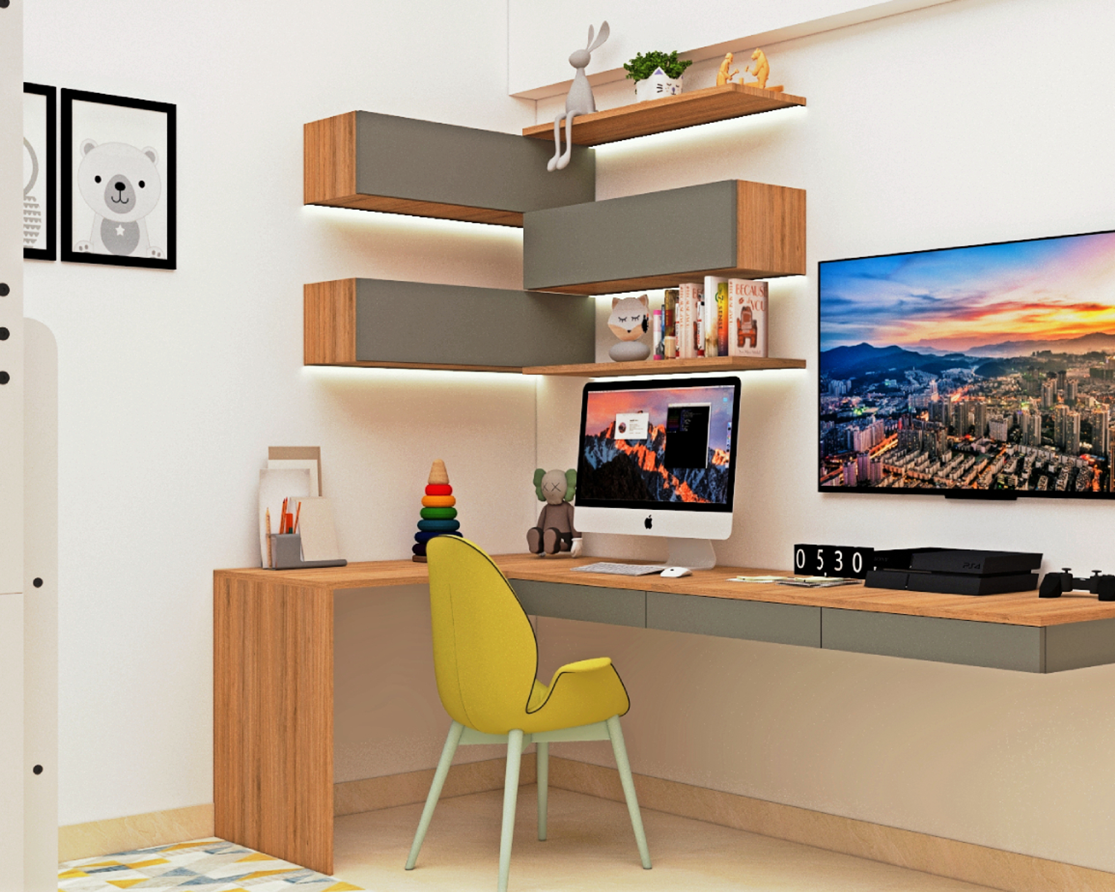 Modern Home Office Design With Mustard Yellow Accent Chair