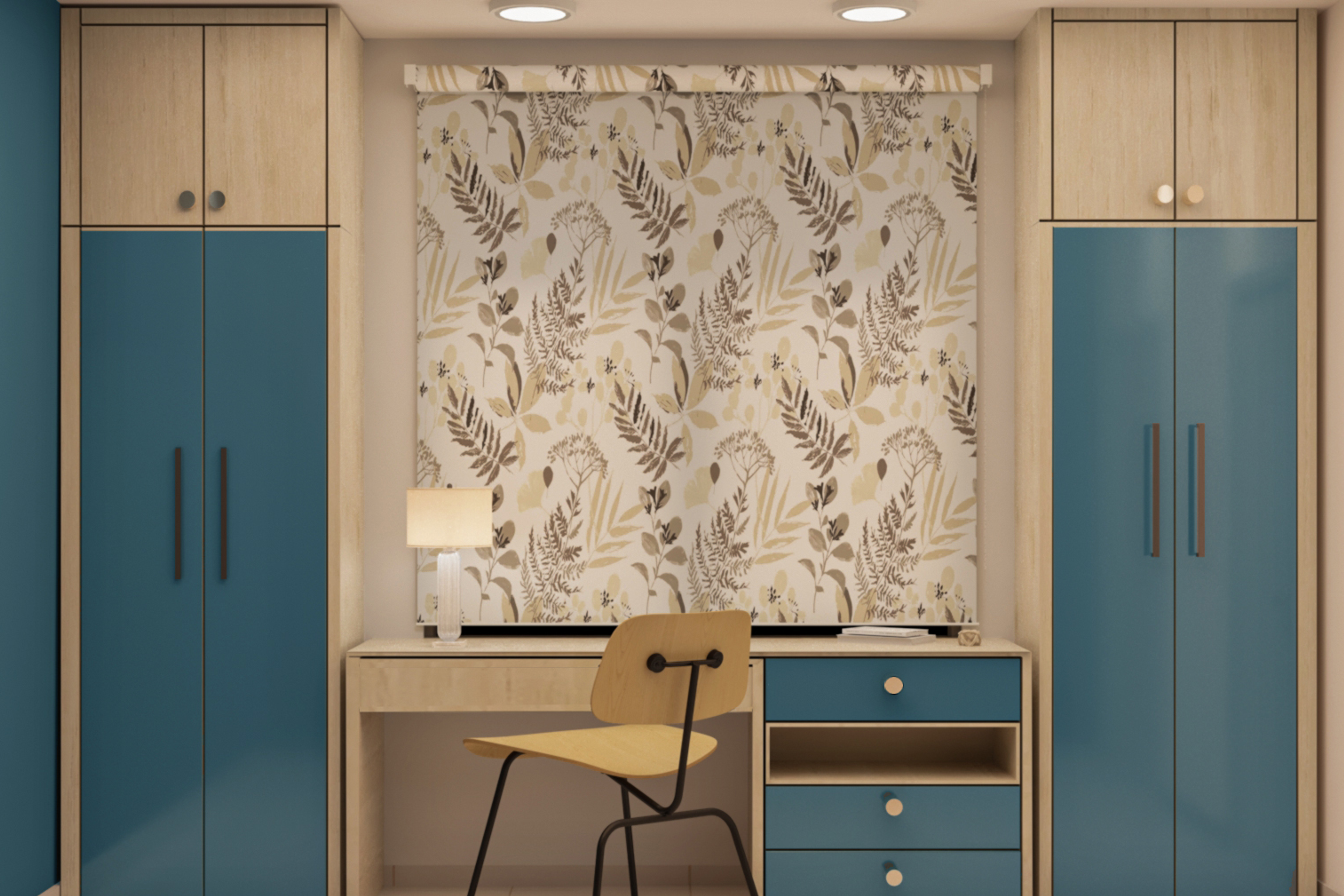 Modern Study Room Design With Blue And Beige Wardrobe