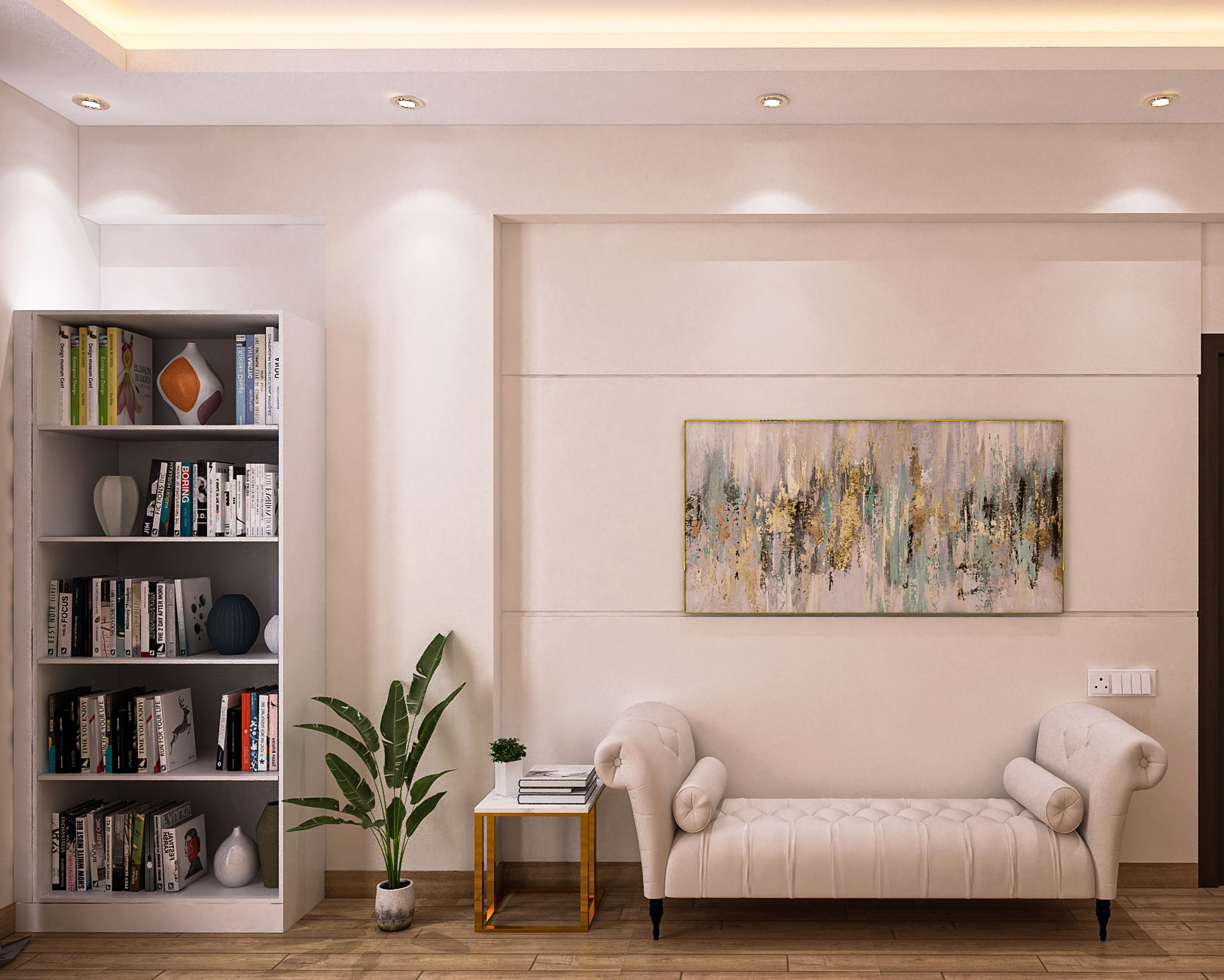 Compact Home Office Design With Book Rack And White Seater