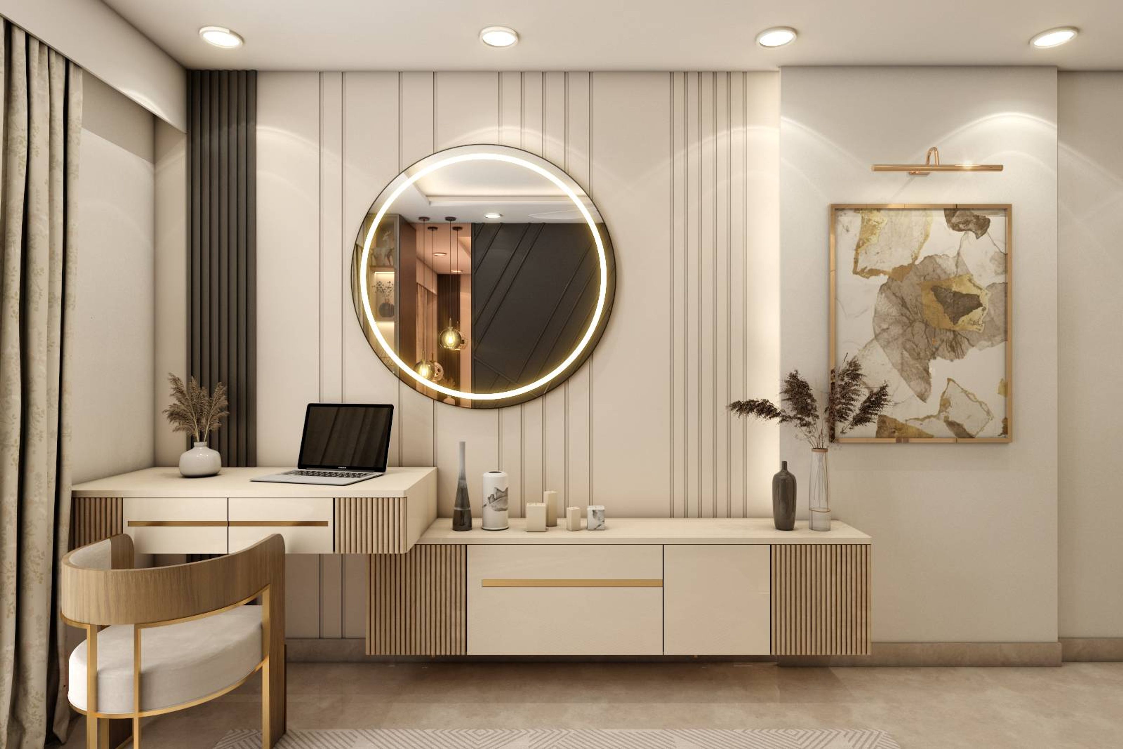 Modern Home Office Design With Creamy White Console Table