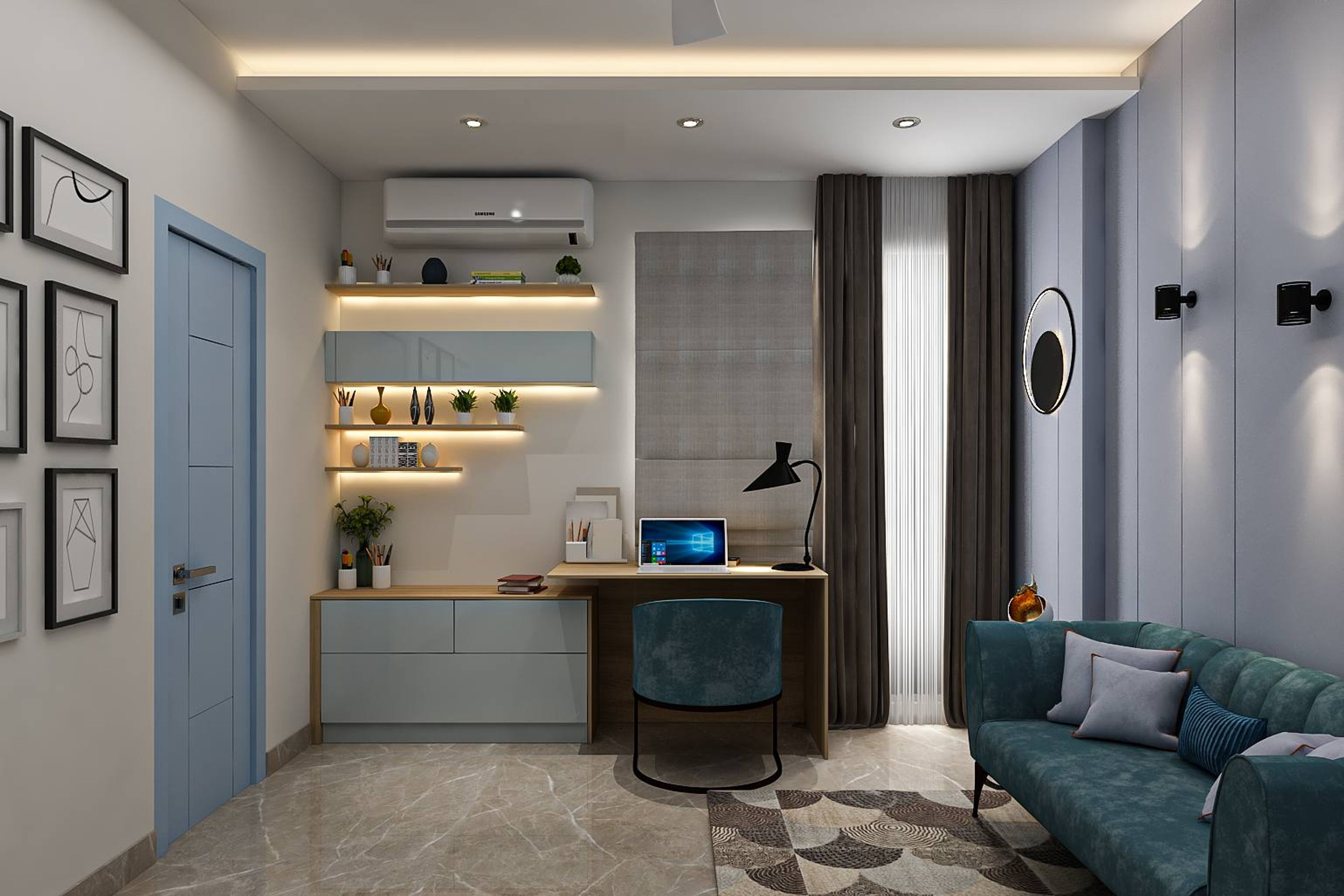 Blue And Wooden Contemporary Home Office Design